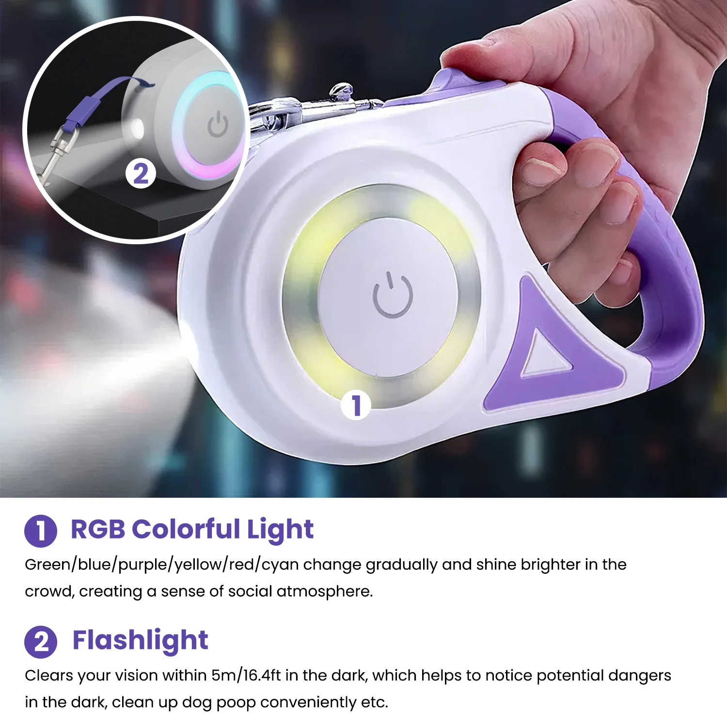 16ft Retractable Dog Leash, iMounTEK One-Hand Brake Pet Walking Leash with Flashlight RGB Light, 2 Rolls Waste Bags, Purple