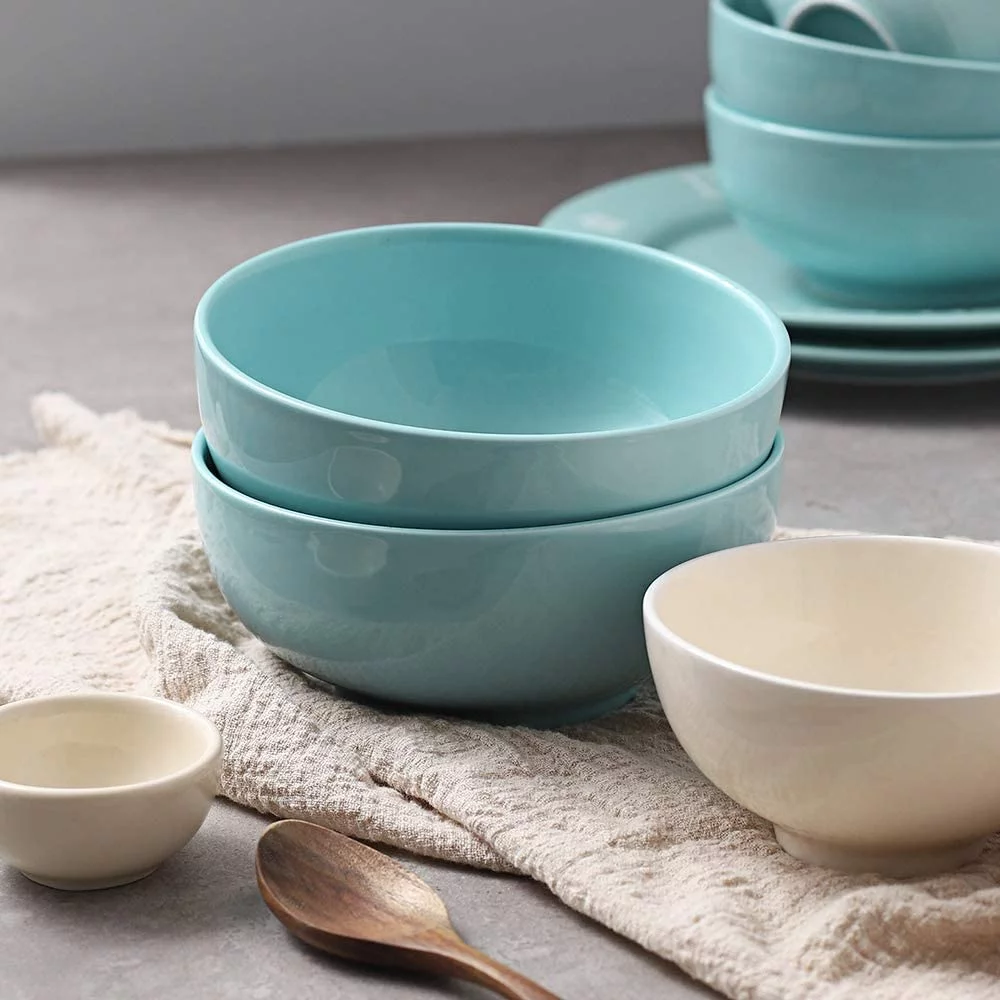 DOWAN Ceramic Lake Blue Salad Bowls Set of 4,22 OZ Soup Bowls For Kitchen Stackable,Dishwasher Microwave Safe,Bowls for Soup Pasta Oatmeal