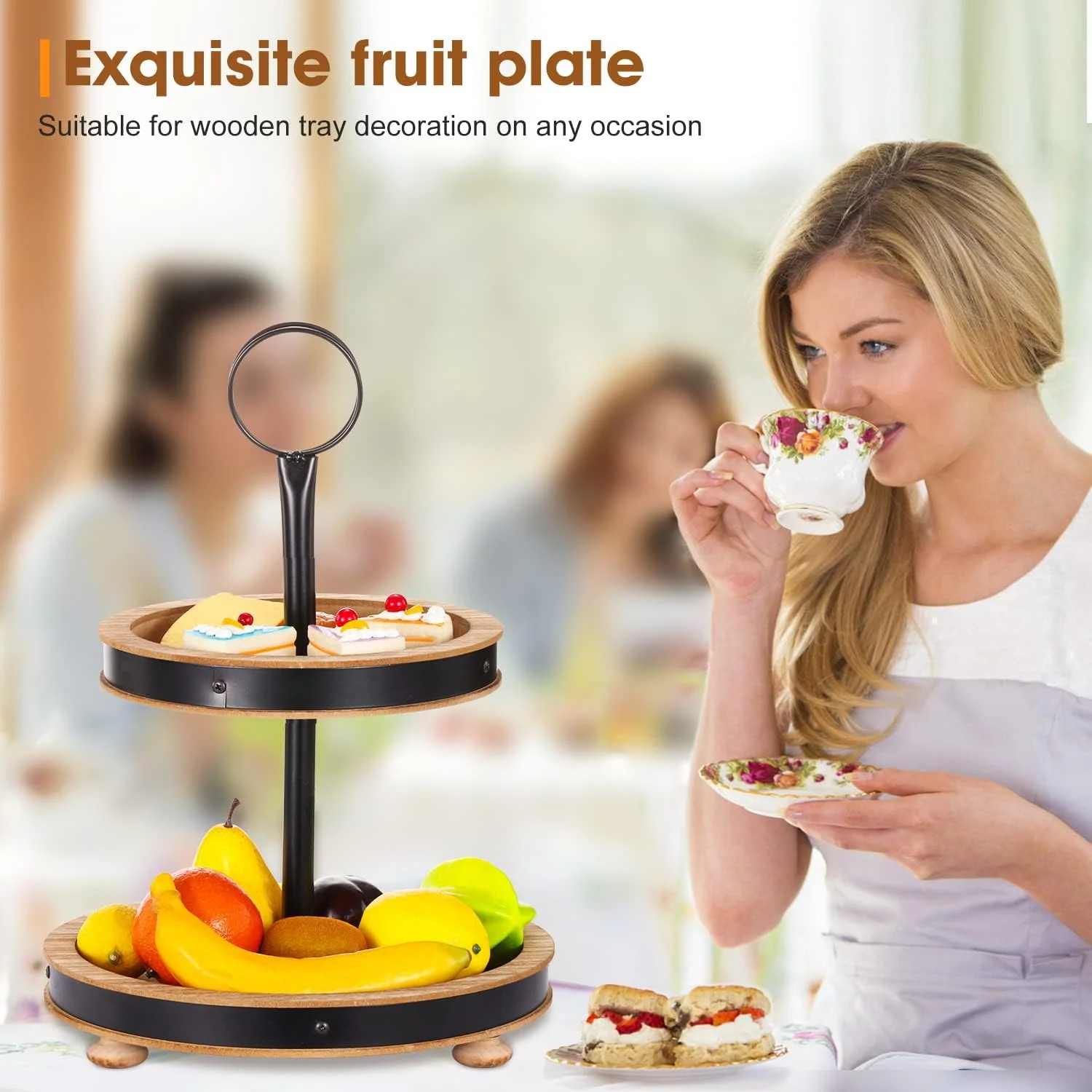 Urban Deco Modern Farmhouse Wooden Decorative Three Tiered Round Trays Serving Tray Stand with Metal Handle in Fire Color