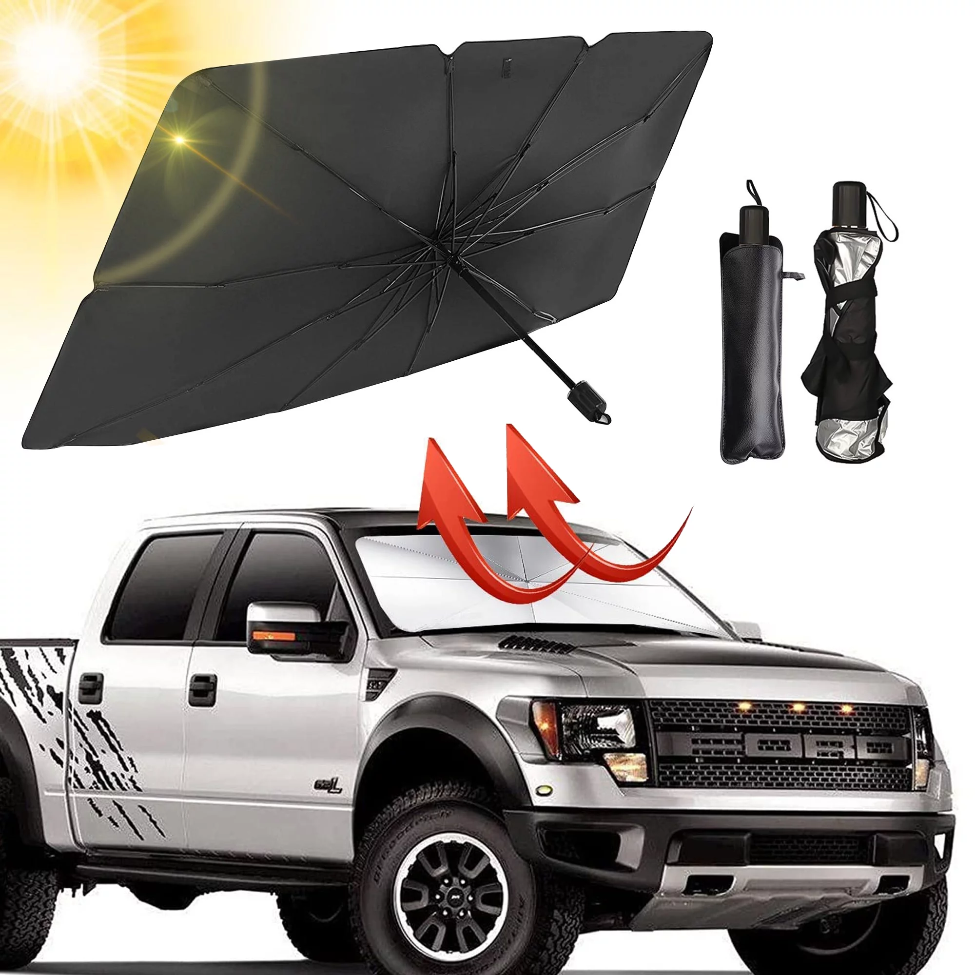 Adofi Car Windshield Sun Shades, Foldable Sun Shade Umbrella with Storage Pouch, Front Window Sun Protector for UV Rays & Sun Heat, Fits Small Sedans, SUVs MPV Hatchbacks (55*31.5inch)