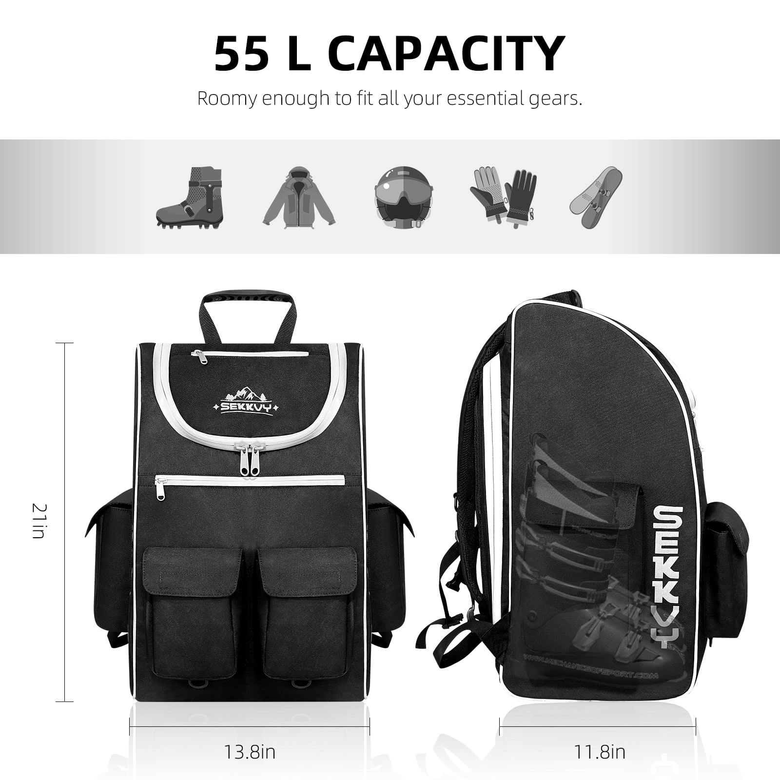 SEKKVY Ski Boot Bag, 55L Waterproof Ski Backpack and Snowboard Boots Travel Backpack for Skis