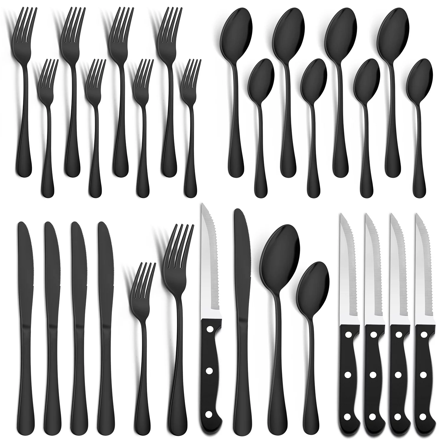 Vesteel 24 Pieces Black Silverware Set with Steak Knives, Stainless Steel Flatware Cutlery Set Service for 4, Mirror Finish and Dishwasher Safe