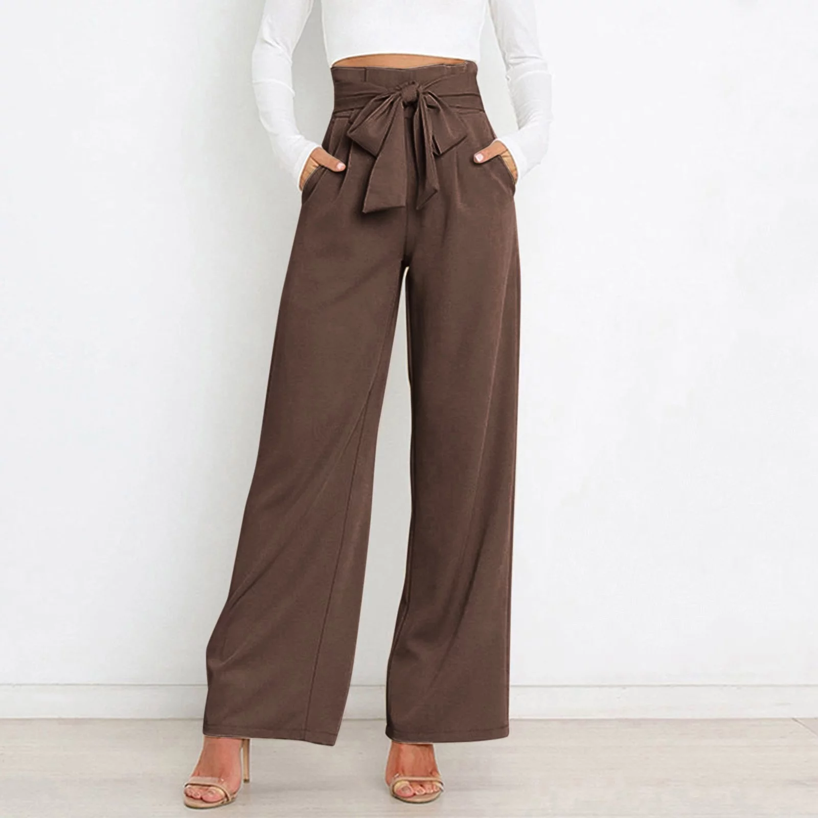 WEAIXIMIUNG Female Trousers Pants for Women Long Ladies Workplace Trousers Casual Straight Pants Temperament Elegant Pocket Belt Pants Khaki S