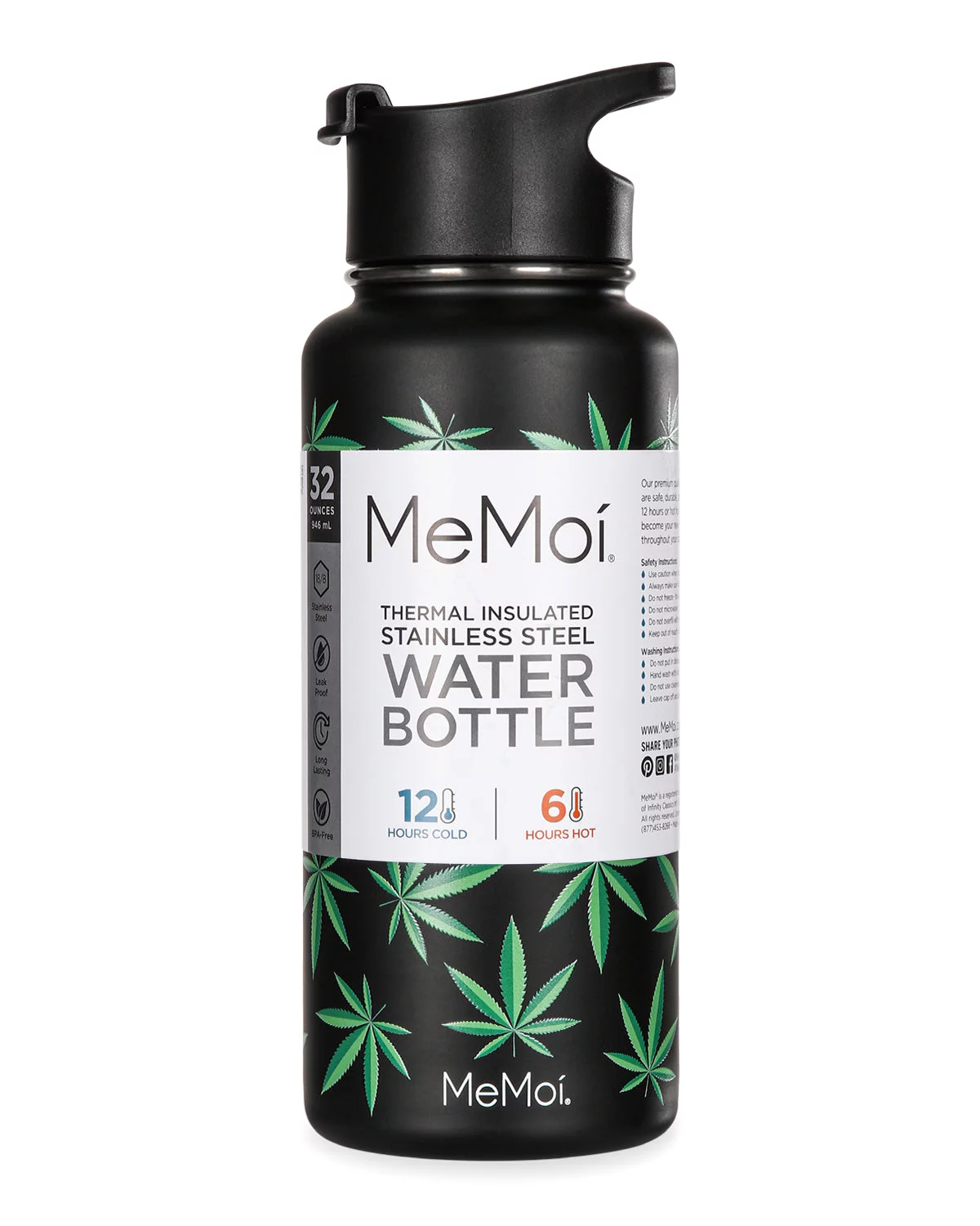MeMoi Thermal Insulated Stainless Steel Weed 32 Oz Water Bottle