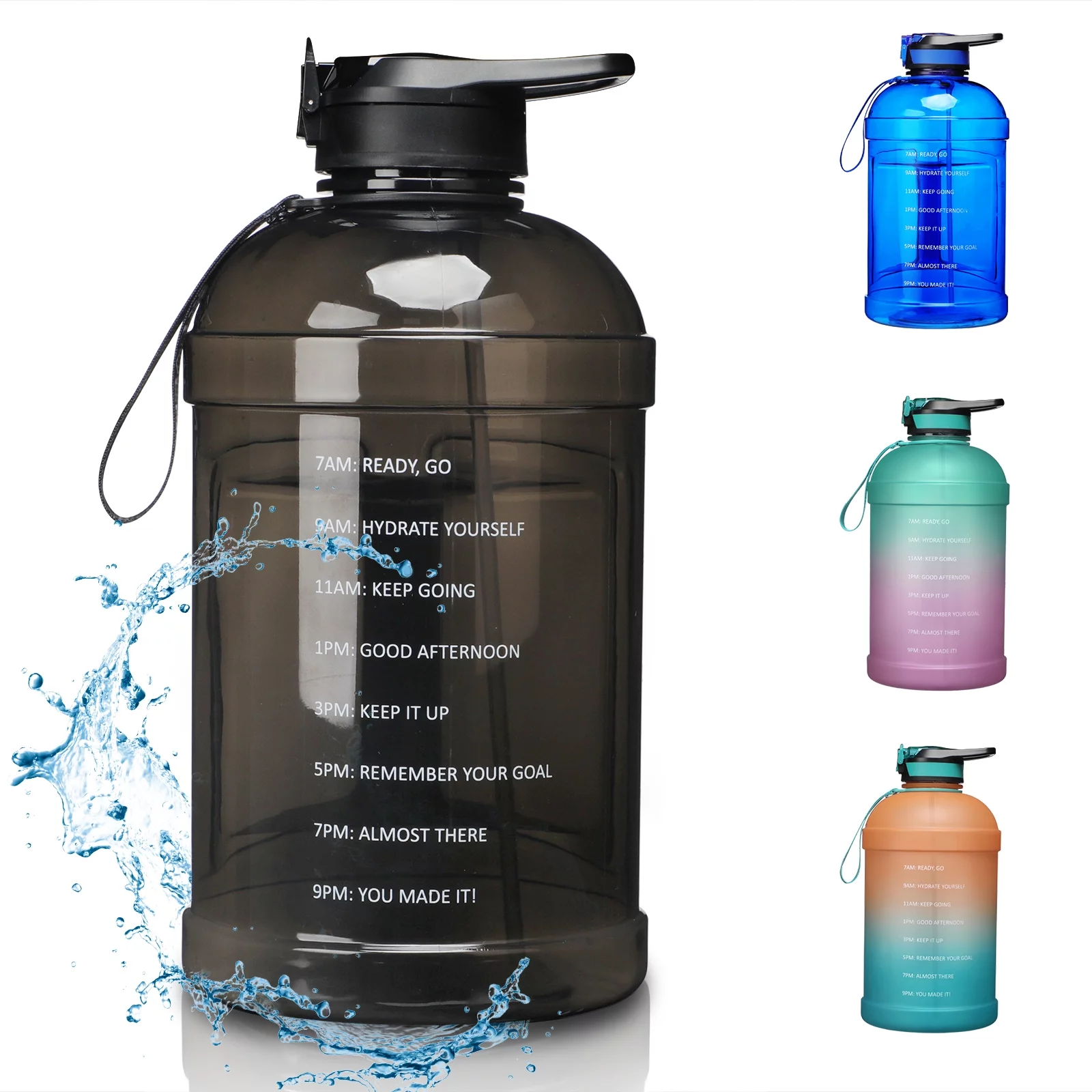 KEVENZ Water Bottle with Time Marker, 1 Gallon Water Bottle with Straw, Leakproof Water Jug, BPA Free, Black