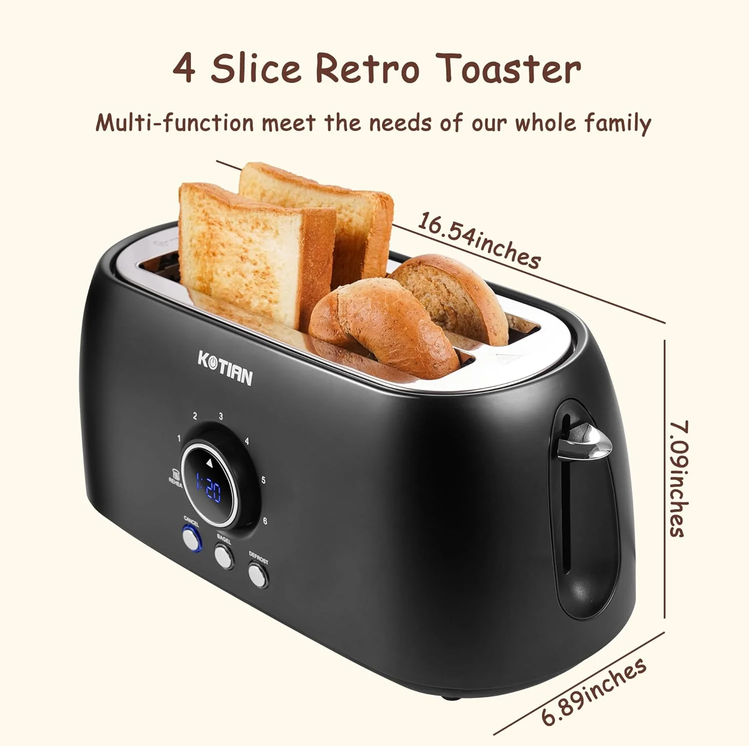 4 Slice, Retro Long Slot Toasters with Countdown Timer,Stainless Steel Toaster,Bagel,Defrost,Reheat,Cancel Functions,Extra Wide Slots,6 Toast Settings,Removable Crumbs Tray,Matte black
