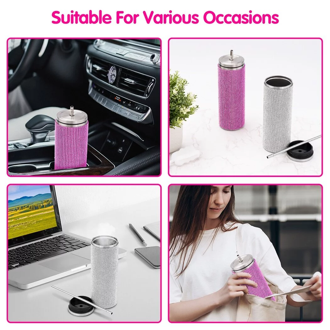2 PCS Rhinestone Insulated Bottles, 600 ML Glitter Diamond Bottles with Lids And Straws, Rhinestone Tumblers, Stainless Steel Glitter Thermal Water Bottles