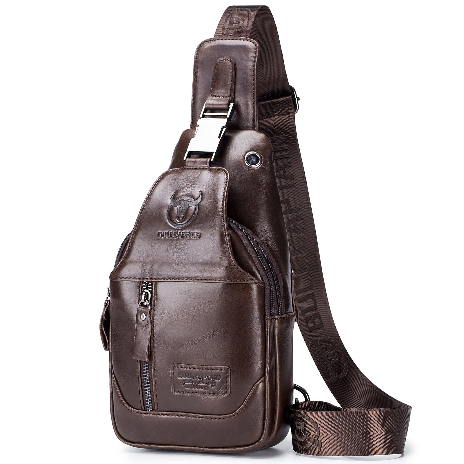 BULLCAPTAIN Leather Sling Bag for Men Waterproof Crossbody Pack Chest Shoulder Backpack Hiking Cycling Mountaineering Travelling