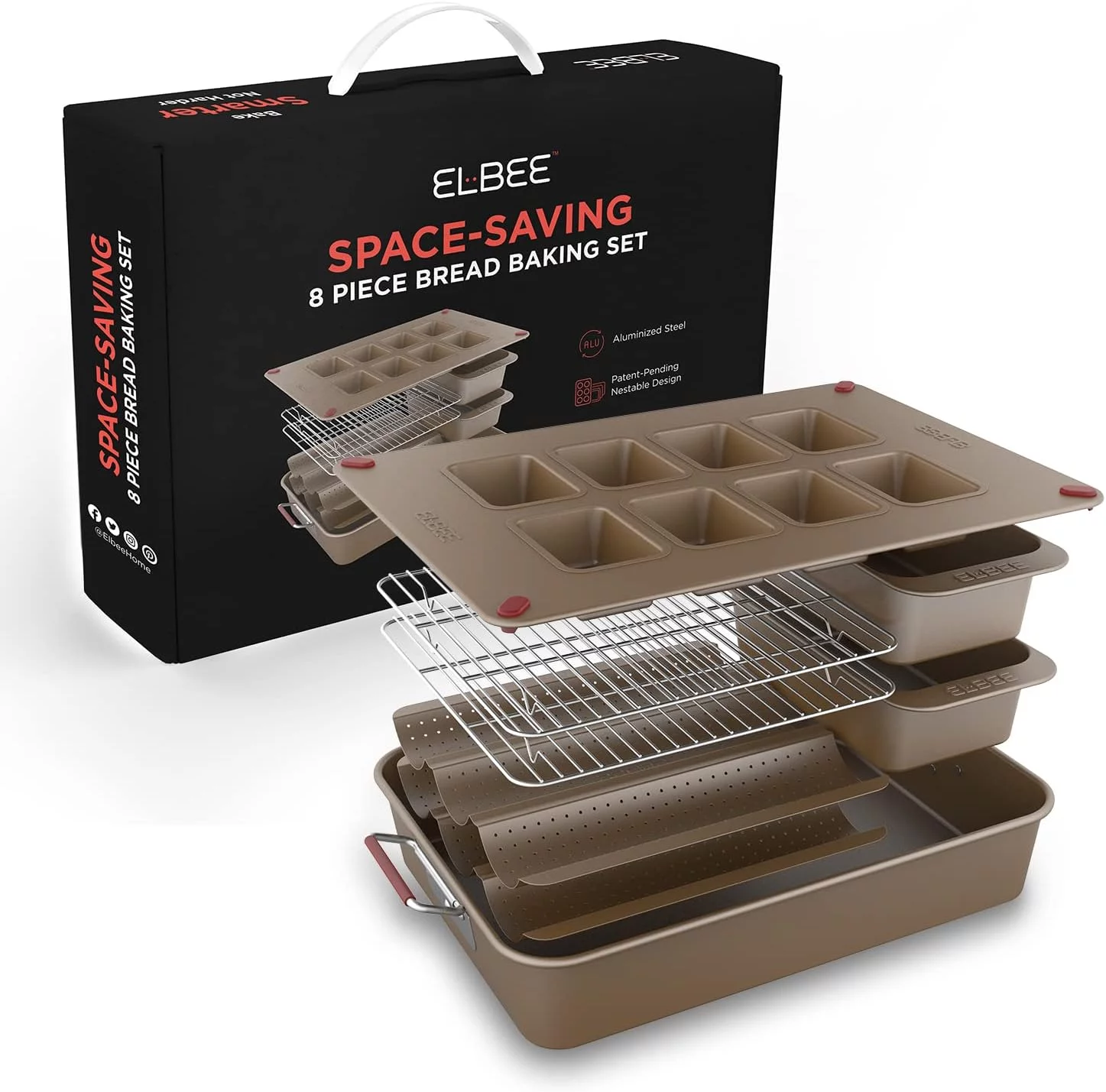 Elbee 8-Pc Bread Baking Pan Set Steel Bakeware Non Stick Pans & Cooling Racks