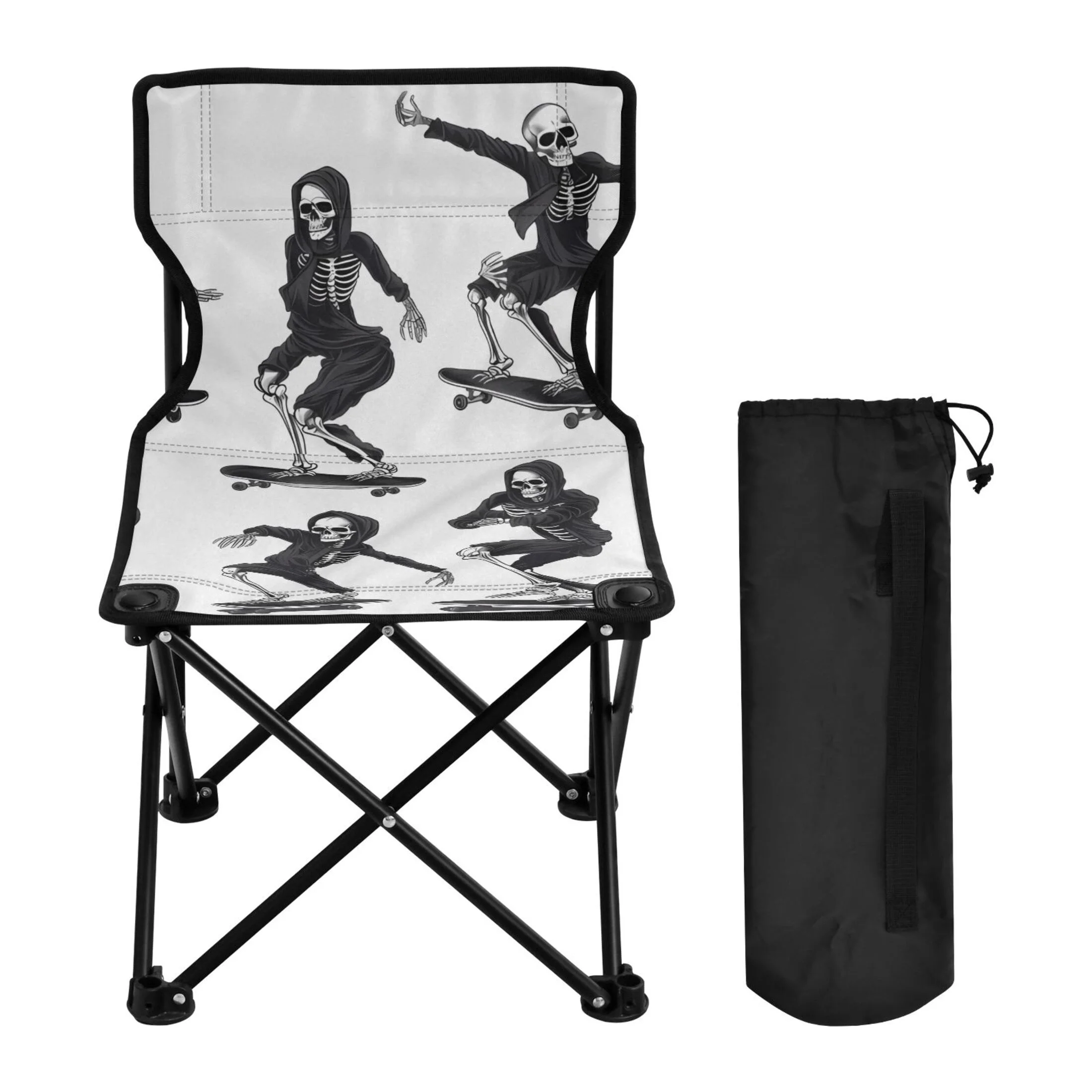 Skeletons with Skateboard Portable Camping Chair Outdoor Folding Beach Chair Fishing Chair Lawn Chair with Carry Bag Support to 220LBS