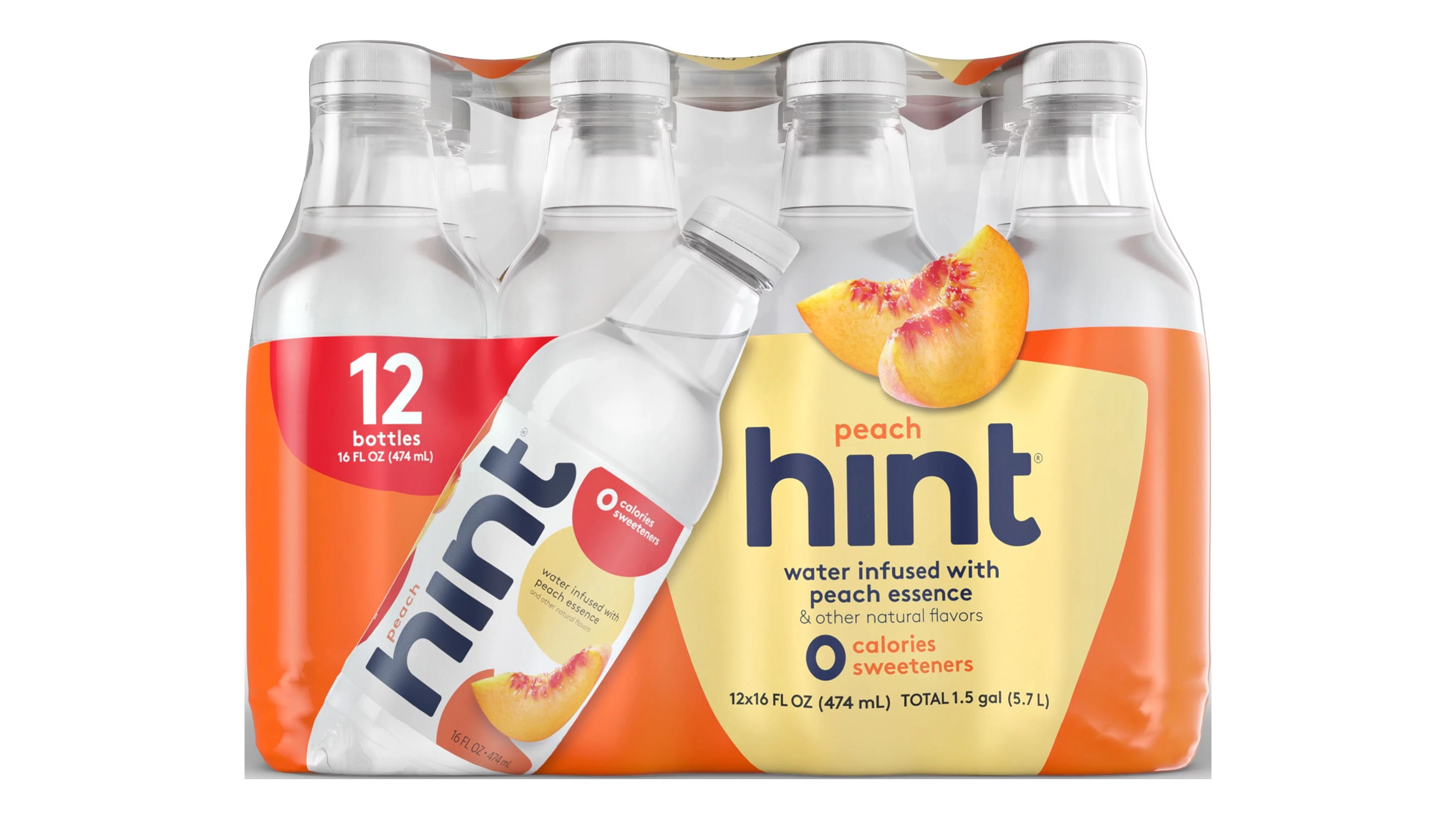 Hint Water Peach, (Pack of 12) 16 Ounce Bottles, Pure Water Infused with Peach, Zero Sugar, Zero Calories, Zero Sweeteners, Zero Preservatives, Zero Artificial Flavors