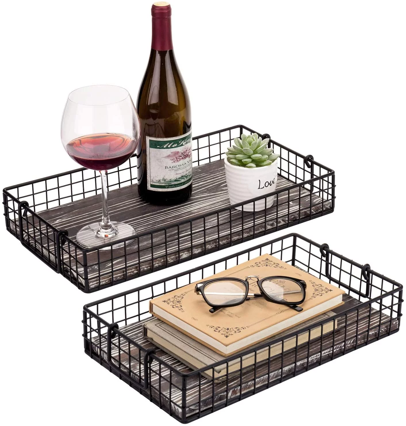 MyGift Set-of-2 Black Metal Wire Serving Trays Baskets with Torched Wood Base and Handles