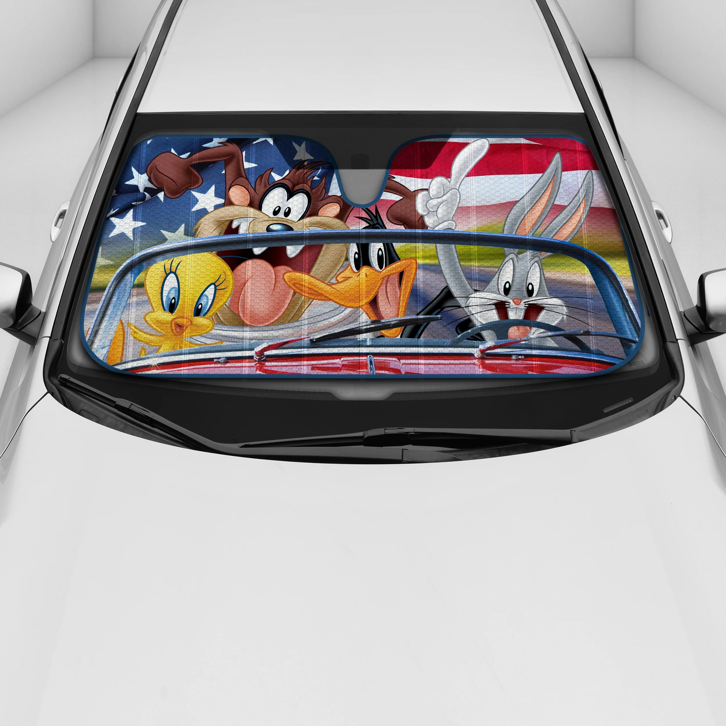 Looney Tunes Auto Windshield Sun Shade, Featuring Bugs Bunny, Daffy Duck, Taz & Tweety Bird, Double Bubble UV Blocker Window Visor fits Car Truck Van SUV Sedan