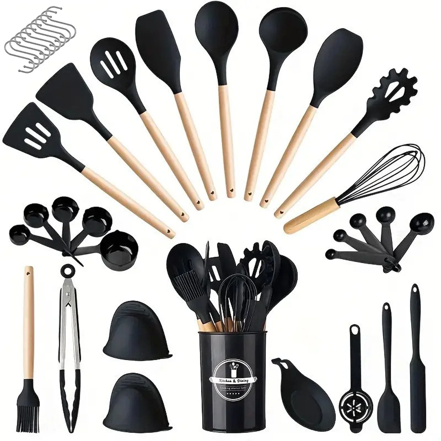 29 Pcs Silicone Cooking Utensils Kitchen Utensil Set - 446°F Heat Resistant,Turner Tongs,Spatula,Spoon,Brush,Whisk. Wooden Handles Khaki Kitchen Gadgets Tools Set for Non-Stick Cookware (BPA Free)