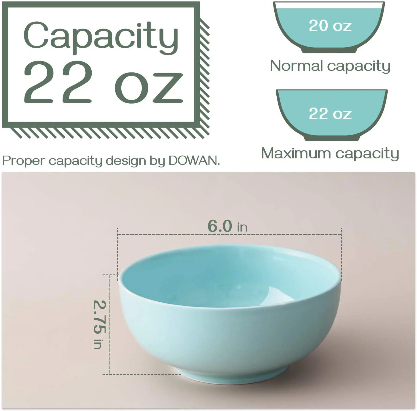 DOWAN Ceramic Lake Blue Salad Bowls Set of 4,22 OZ Soup Bowls For Kitchen Stackable,Dishwasher Microwave Safe,Bowls for Soup Pasta Oatmeal