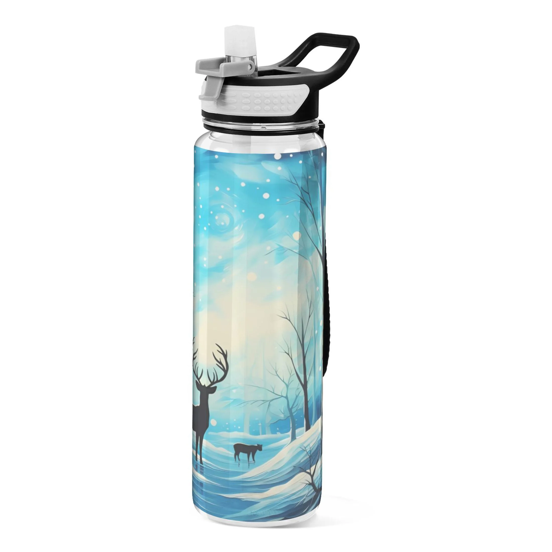 Deer in Forest 32oz Water Bottles with Straw Tritan Leakproof Sports Bottle BPA Free Clear for Fitness Gym Swimming Cycling