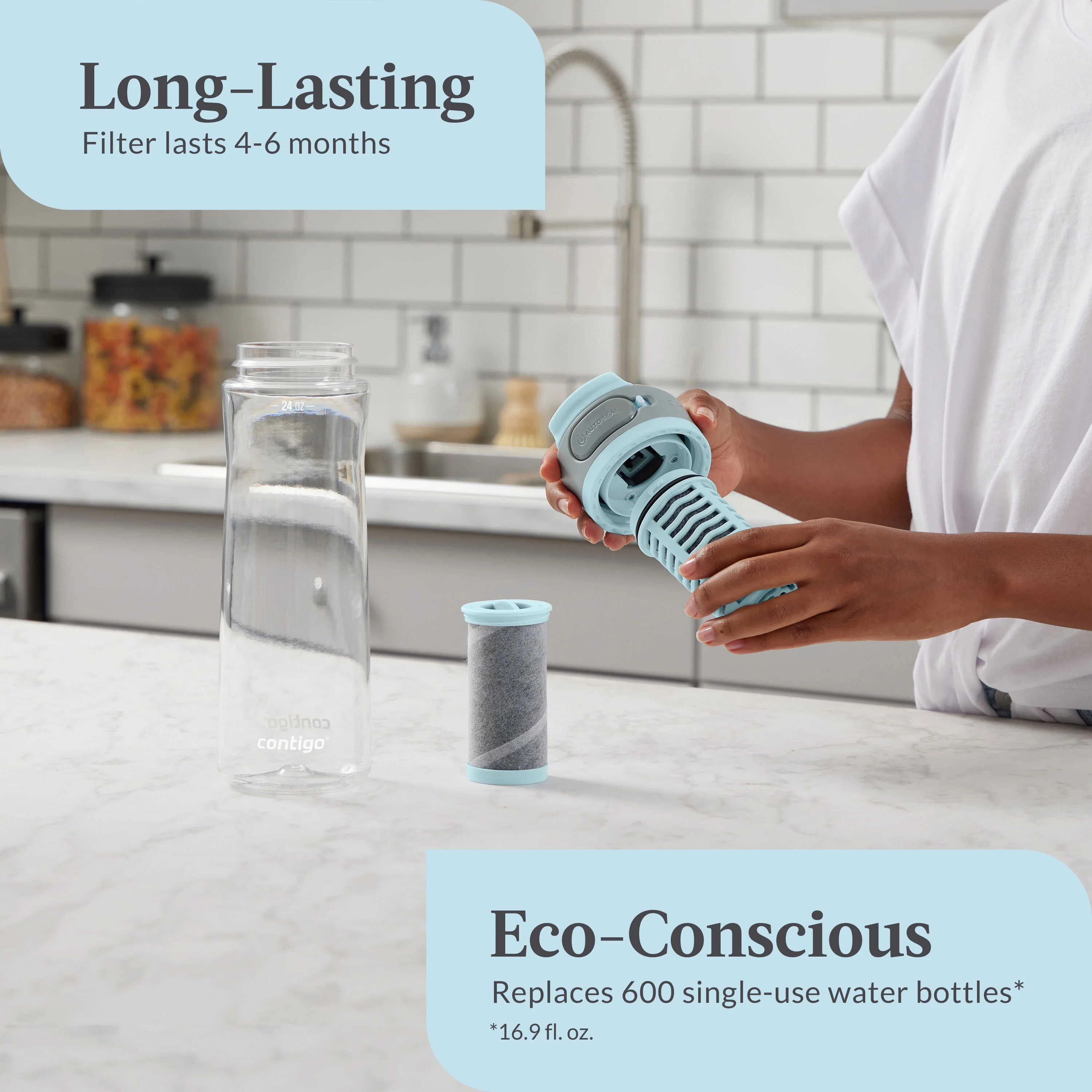 Contigo Clybourn Plastic FreeFlow Filter Water Bottle with AUTOSEAL Lid 24 oz., Salt, with Replacable Filter