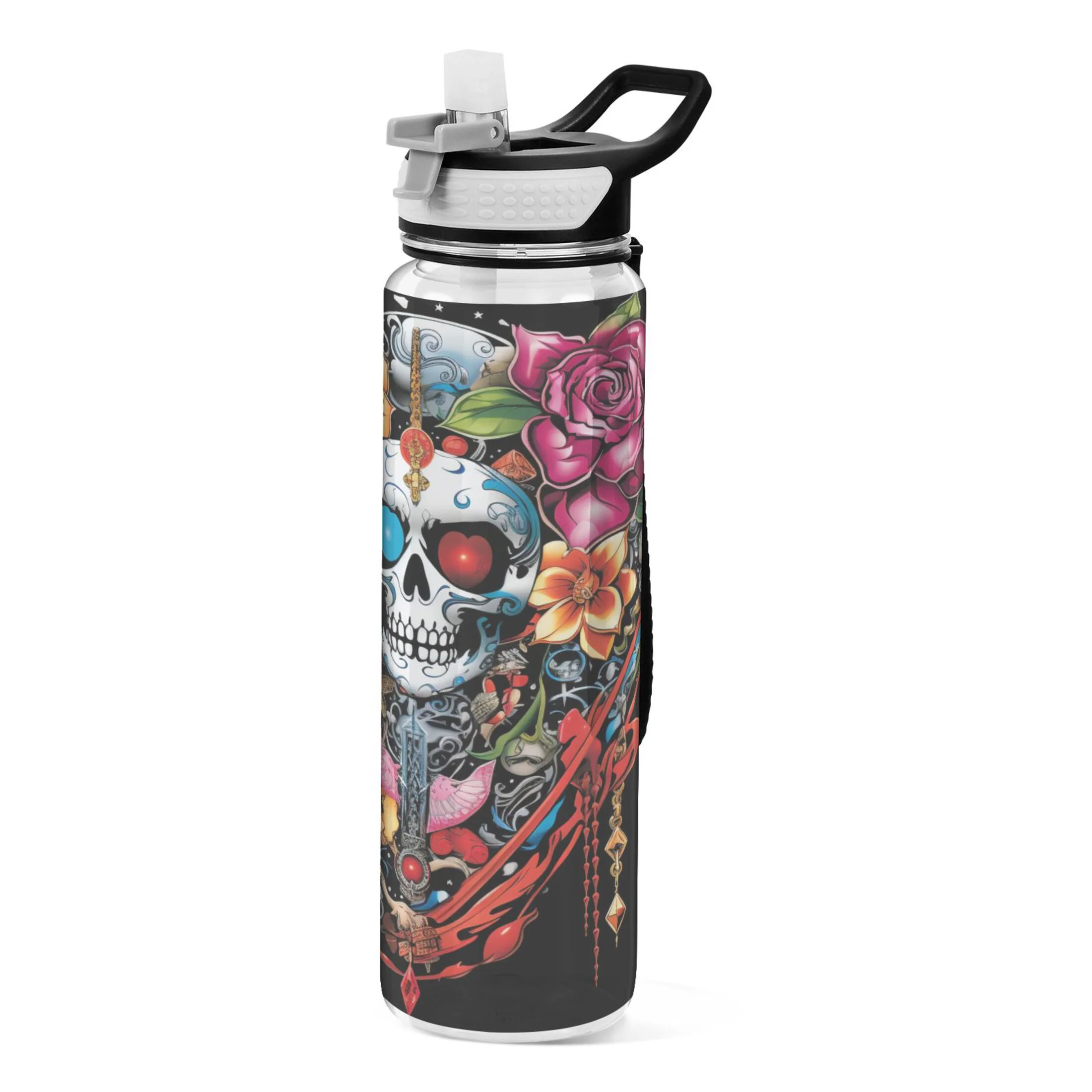 Rose Flowers on Skeleton 32oz Sports Water Bottles Leakproof Tritan Bottle with Straw BPA Free Clear Bottle for Fitness Gym Outdoor Cycling