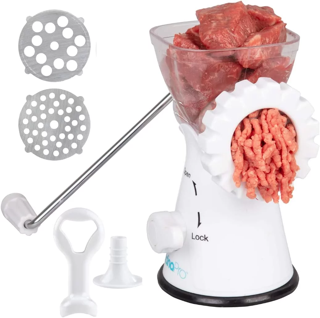Manual Meat Grinder - Mincer w 2 Stainless Steel Plates, Sausage Attachment, Press, Heavy Duty Suction Base and Dishwasher Safe Design- Make Suasage, Ground Beef, Hamburgers and More