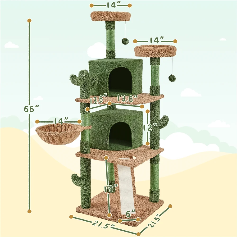 Yaheetech 66''H Cactus Cat Tree Cat Tower with Padded Perch,Green/Brown