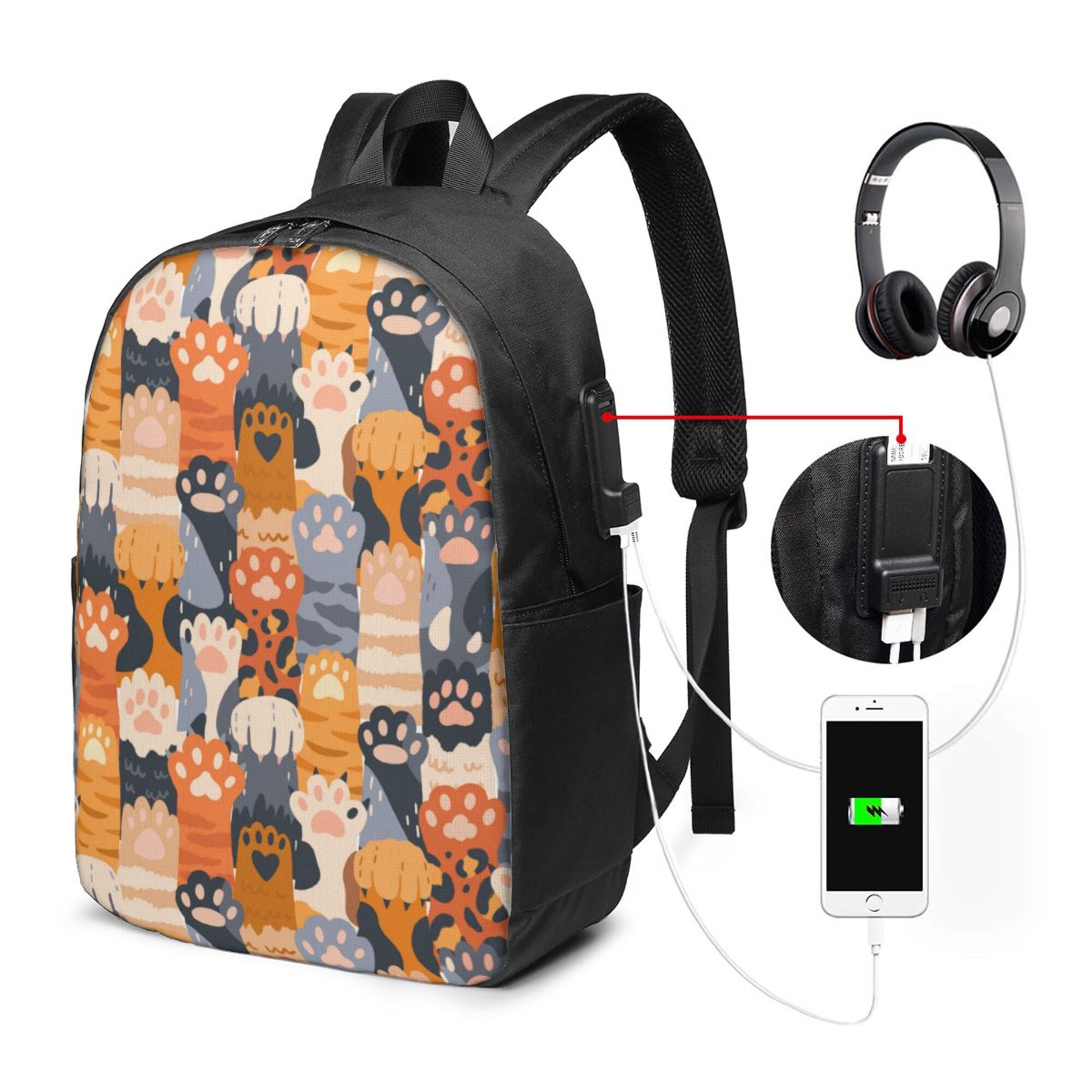 TEQUAN Travel Laptop Backpack, Cute Colorful Cat Paws Prints Outdoor Hiking Bag School Bookbag Casual Lightweight Daypack