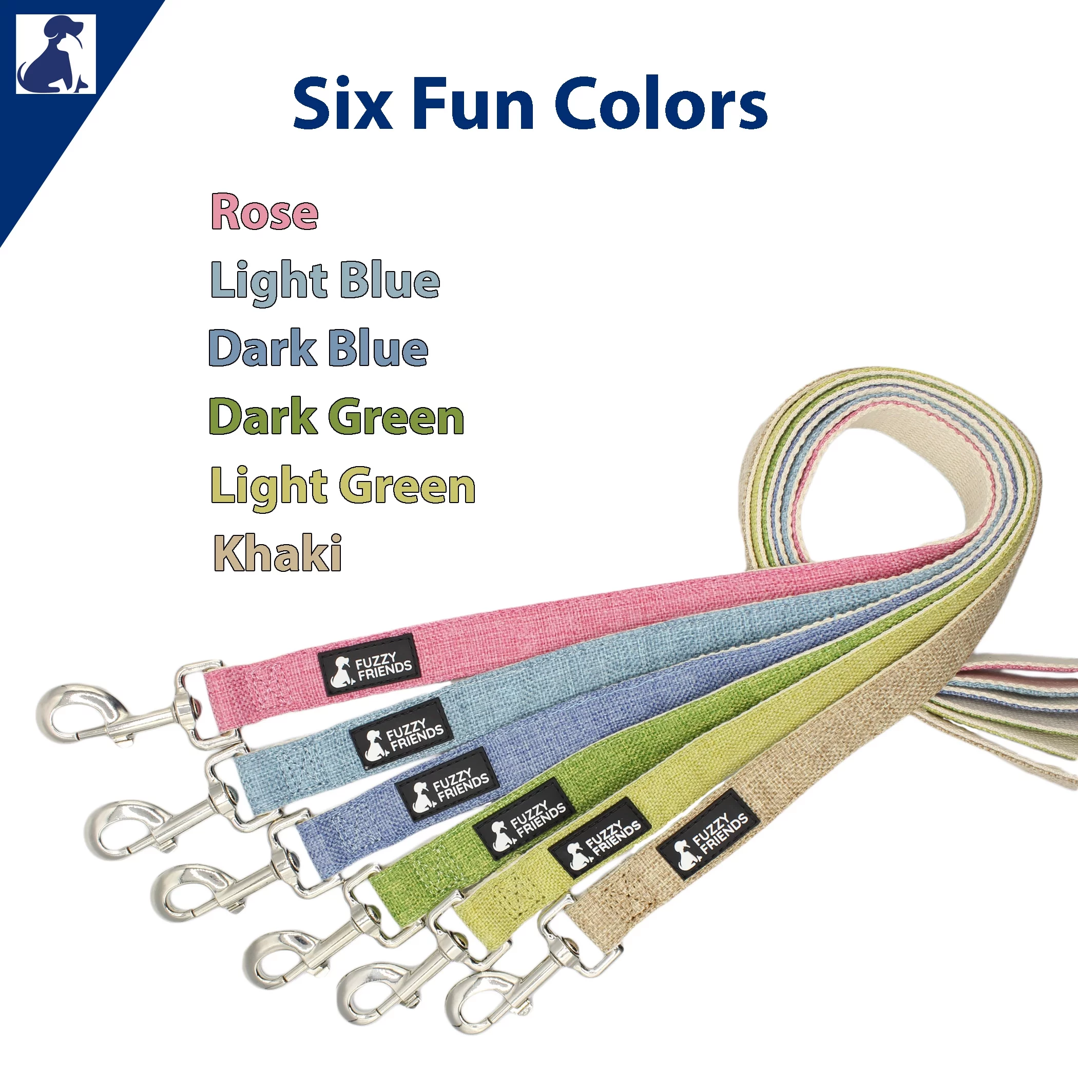 Fuzzy Friends Dark Blue Hemp Dog Leash. Hypoallergenic, chemical free and environmental friendly