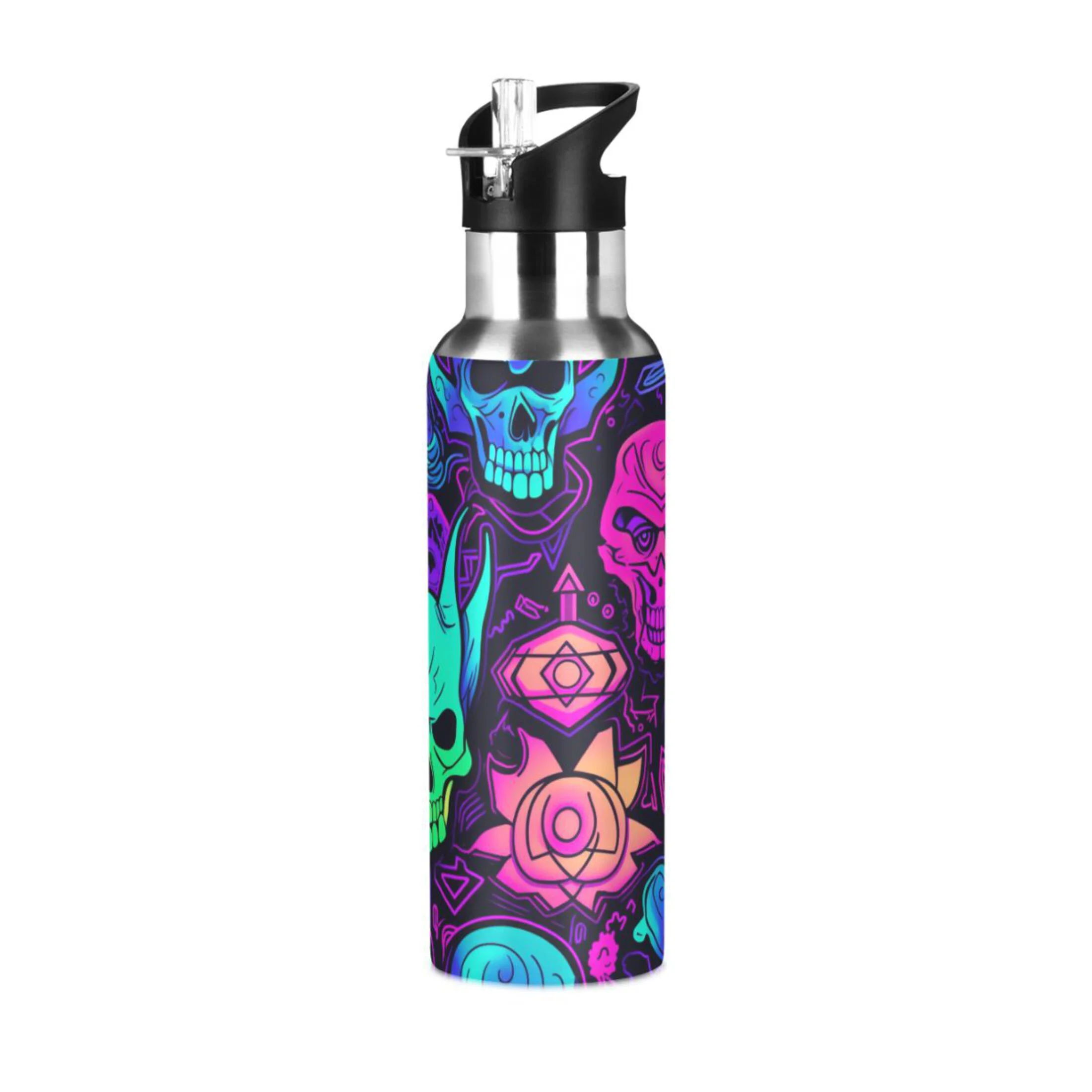 Skull with Magic Devil Water Bottles Insulated Thermos Kids Stainless Steel Bottle with Straw Lid Flask Leakproof for Sports Gym 20 oz
