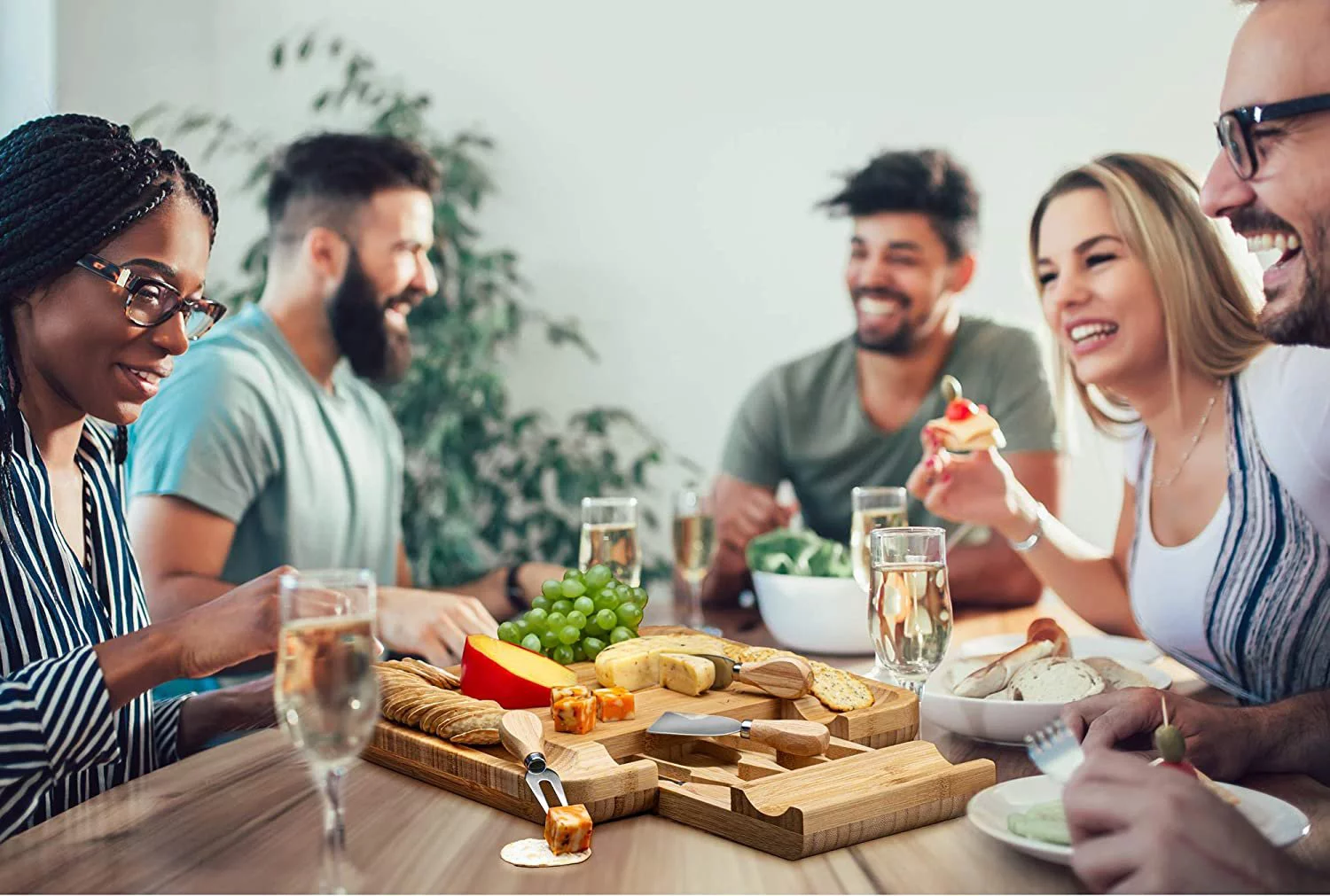 Mitbak Cheese Board Tray with 4 Cheese Knives | Bamboo Charcuterie Board Serving Tray | Cutting Board Platter Great Gift For Mothers Day, Anniversary, Bridal Shower, Wedding | 13 x 13 x 1 Inches