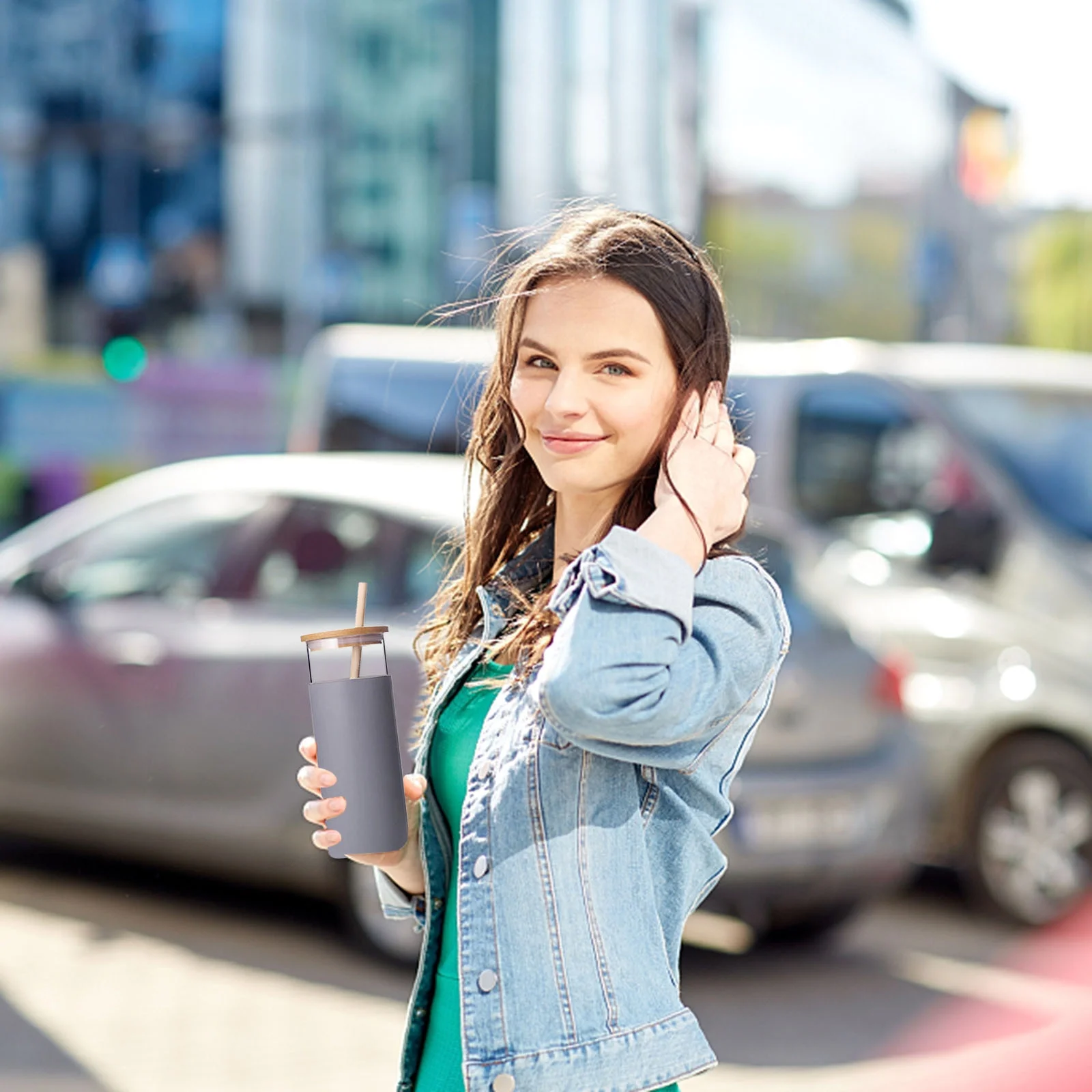 Wepro Creative Bamboo Cover Bamboo Straw Reusable Silicone Glass Straw Water Cup