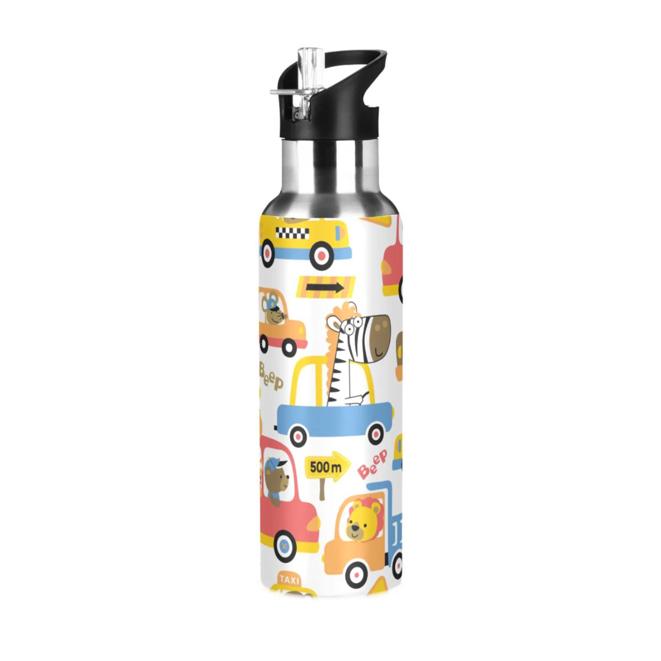 Water Bottle with Straw Lid Leak Vehicles Cartoon with Funny Animals Driver Stainless Steel Insulated Thermos Vacuum Flask for Cold Hot Drinking for Sports Camping Gym Yoga