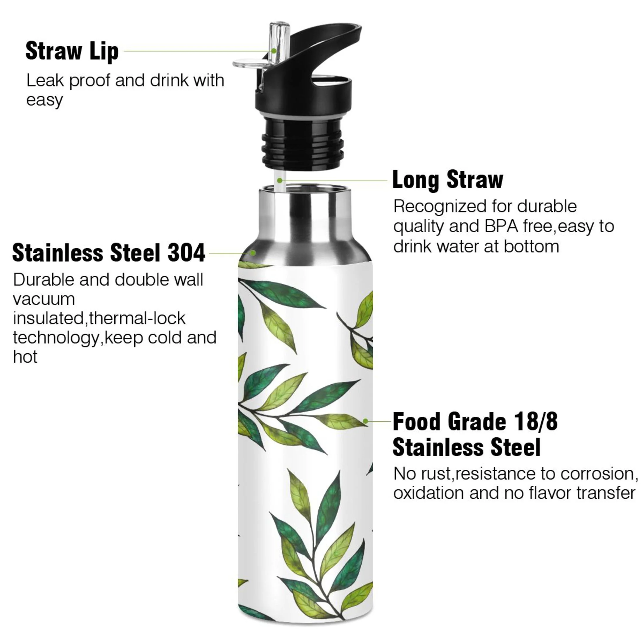 Water Bottle with Straw Lid Leak Leaves Green Leaf Stainless Steel Insulated Thermos Vacuum Flask for Cold Hot Drinking for Sports Camping Gym Yoga