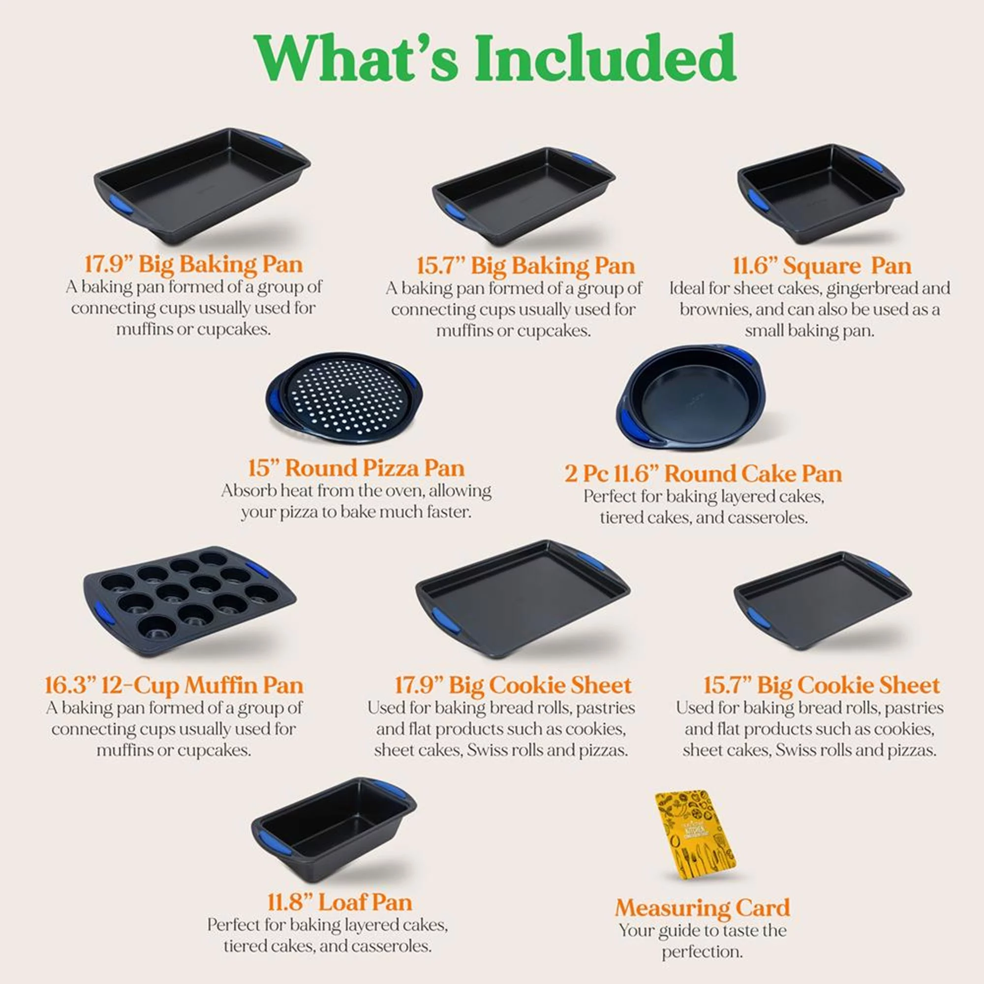 NutriChef Kitchen Oven Non Stick Blue Carbon Steel 10 Piece Bakeware Set