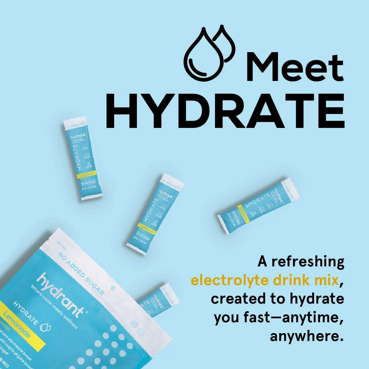 Hydrant Hydrate Lemonade No Added Sugar 30 Stick Packs, Electrolyte Powder Rapid Hydration Mix, Hydration Powder Packets Drink Mix, Helps Rehydrate Better Than Water