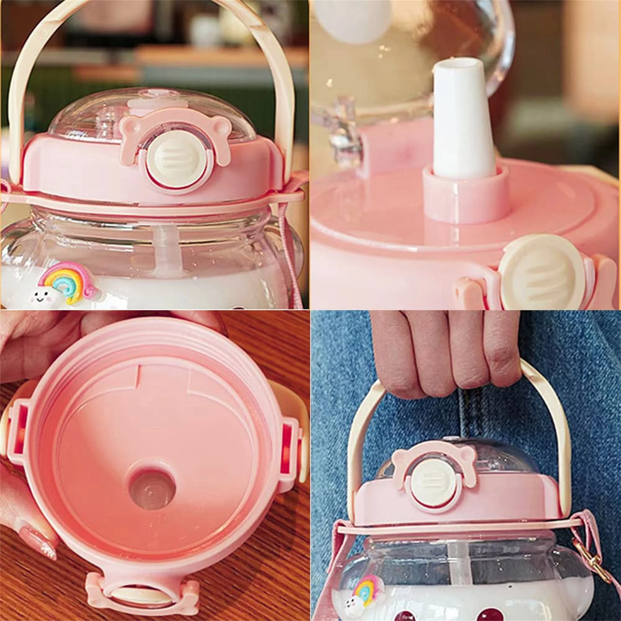 Sunisery 1000ml Bear Straw Bottle Bear Shape Large Capacity Leakproof Water Jug with Shoulder Strap