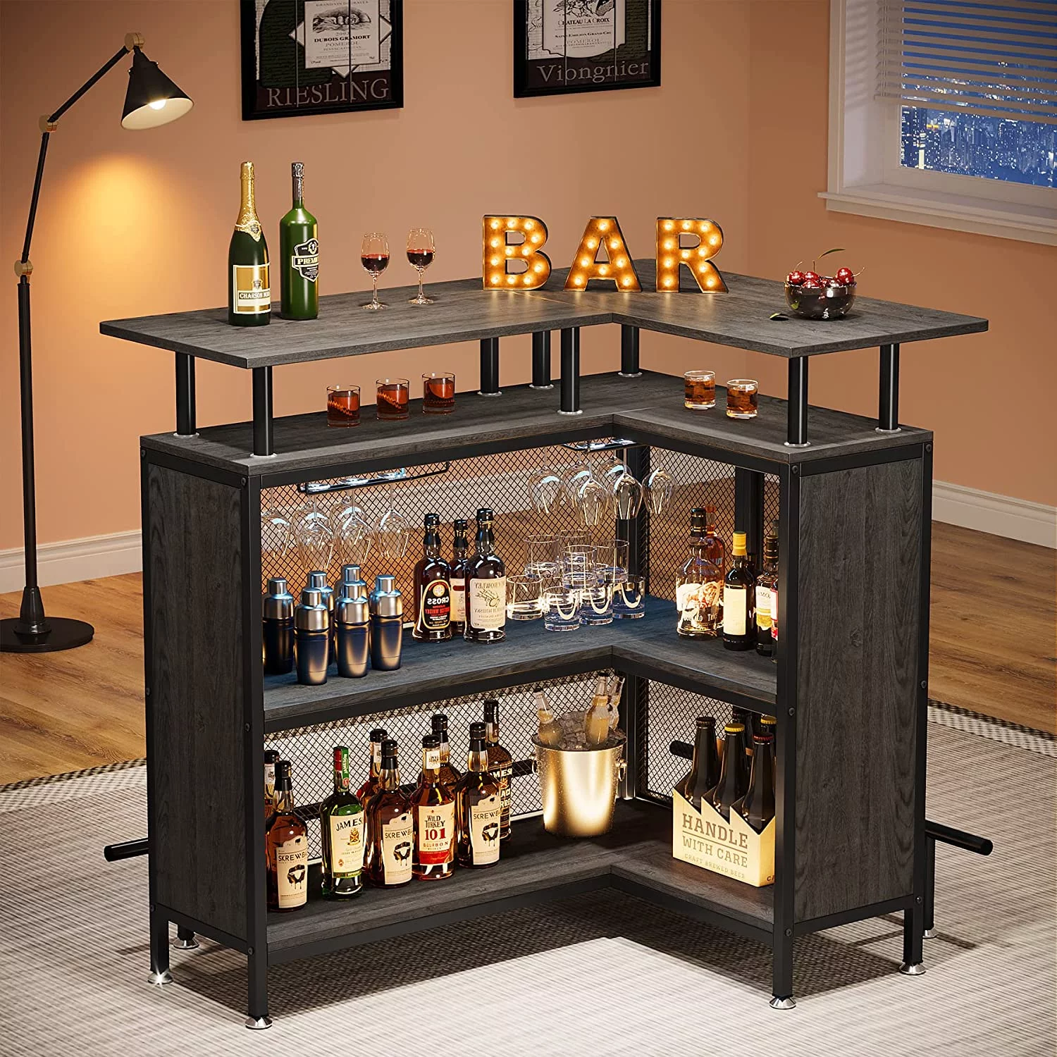 Tribesigns Home Bar Unit, Bar Table Liquor Cabinet with Stemware Rack, 2 Shelves and Metal Footrest, Gray