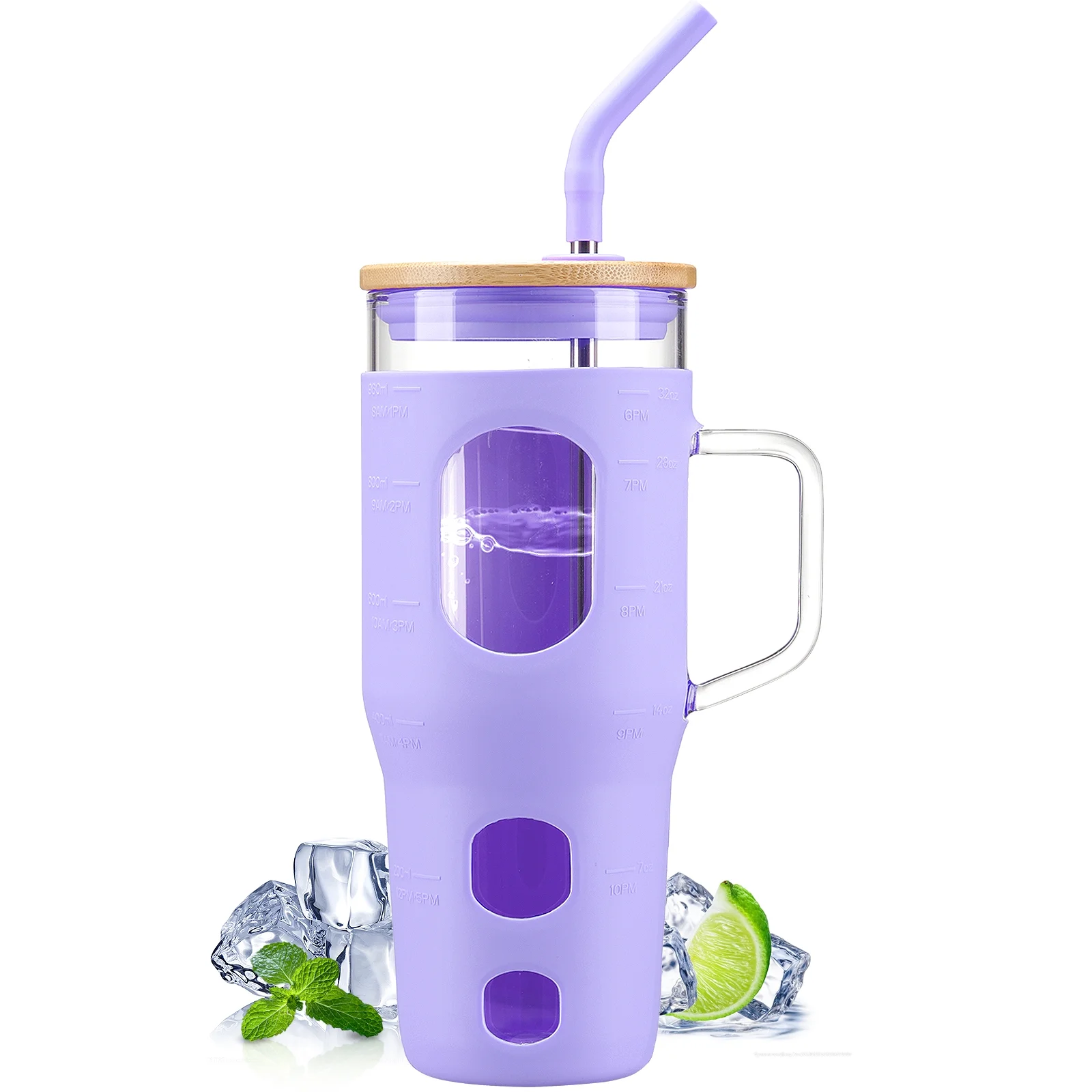 MUKOKO 32 oz Glass Tumbler , Glass Water Bottle with Capacity Marker and Silicone Sleeve, Iced Coffee Drinking Cup with Straw and Lid, Leakproof Suitable for Cup Holders, Purple