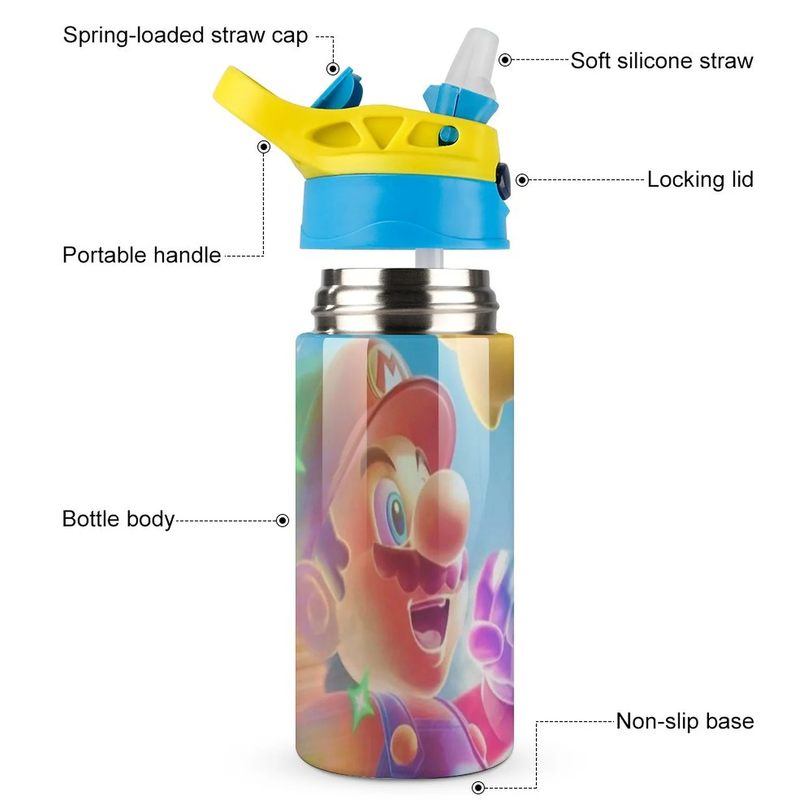 Mario Game Kid's Insulated Water Bottle With Straw Vacuum Stainless Steel Cup Leak-Proof Children Toddler Thermoses