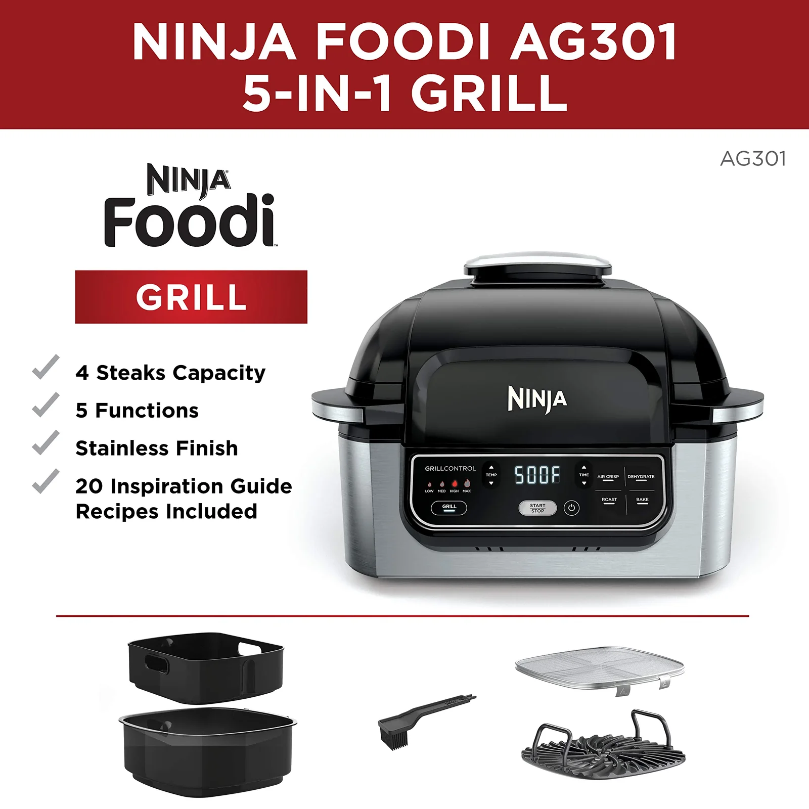 Foodi AG400 5-in-1 Indoor Electric Countertop Grill with 4-Quart Air Fryer