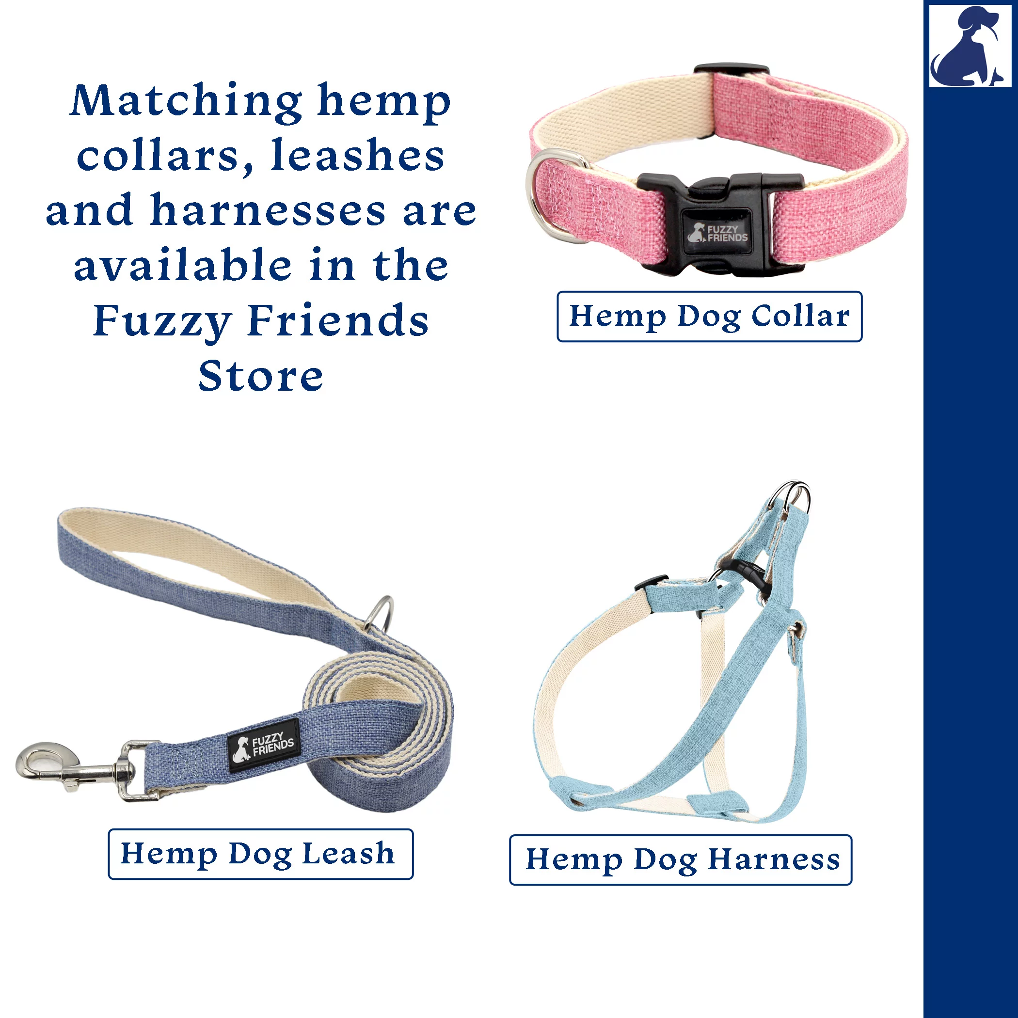 Fuzzy Friends Dark Blue Hemp Dog Leash. Hypoallergenic, chemical free and environmental friendly