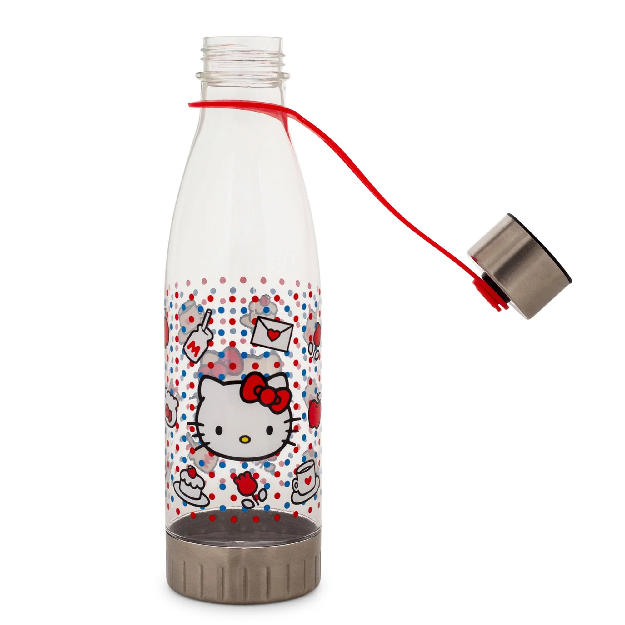 Hello Kitty 870777 20 oz Hello Kitty Polka Dots Water Bottle with Lid Strap, Clear