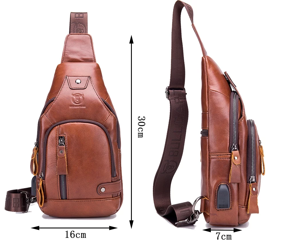 Christmas Day Gift Genuine Leather Chest Bag Travel Hiking Daypack with USB charge port