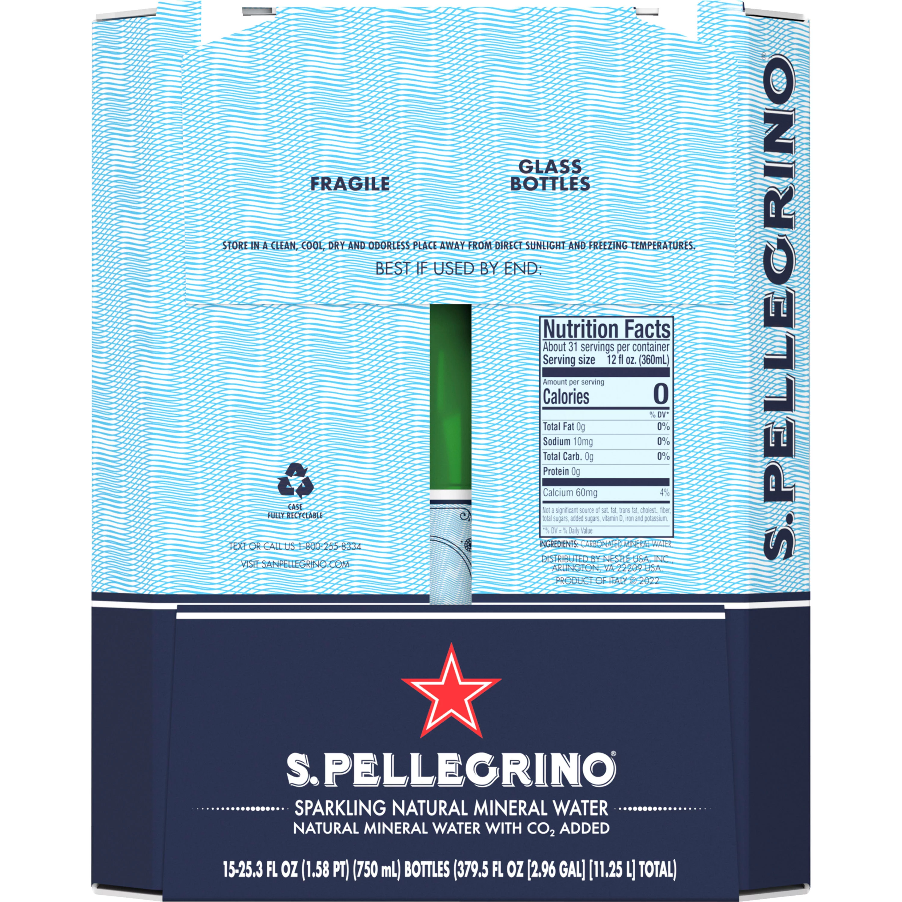 S.Pellegrino Sparkling Natural Mineral Water, 15 Pack of Glass Bottles 379.5 fl oz