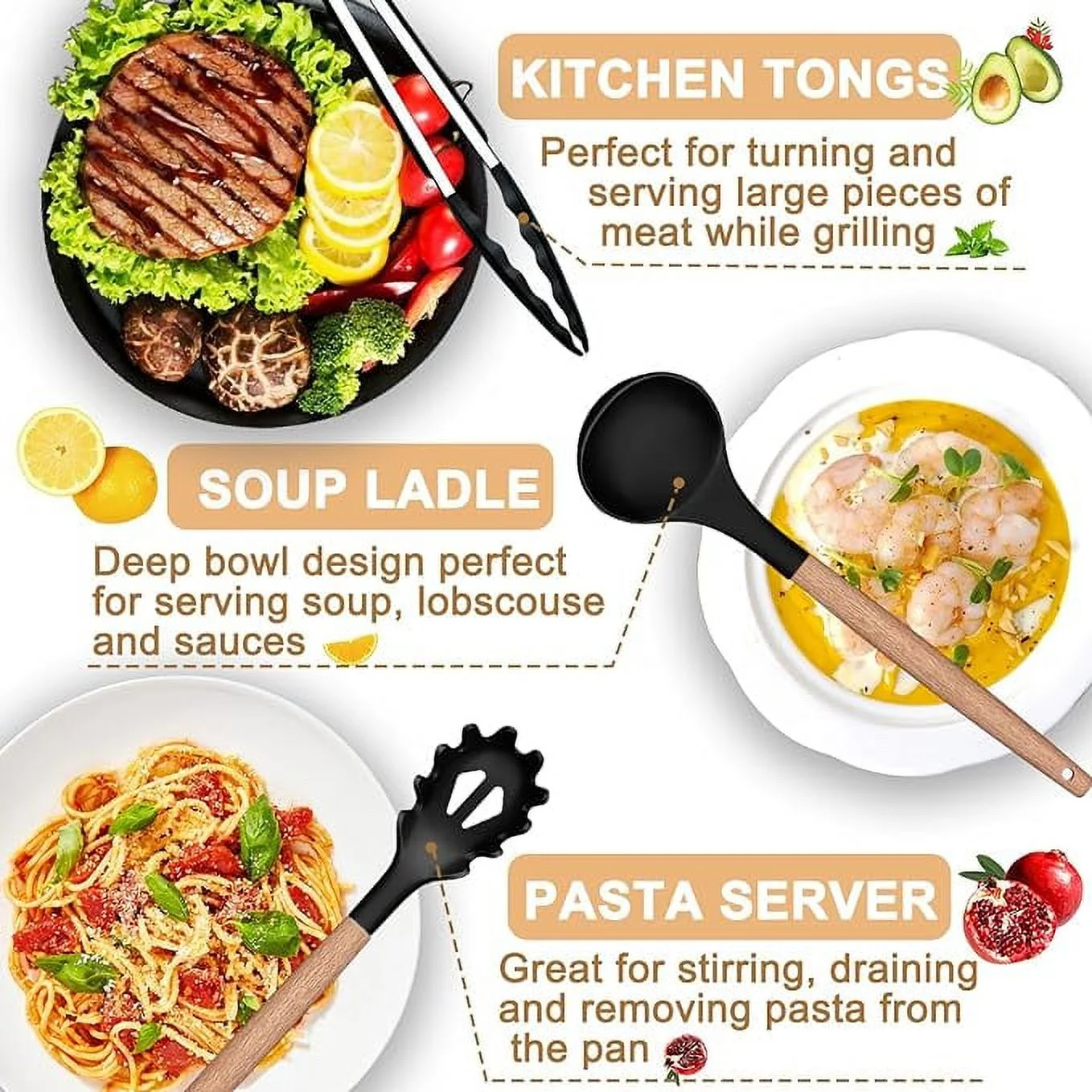 29 Pcs Silicone Cooking Utensils Kitchen Utensil Set - 446°F Heat Resistant,Turner Tongs,Spatula,Spoon,Brush,Whisk. Wooden Handles Khaki Kitchen Gadgets Tools Set for Non-Stick Cookware (BPA Free)