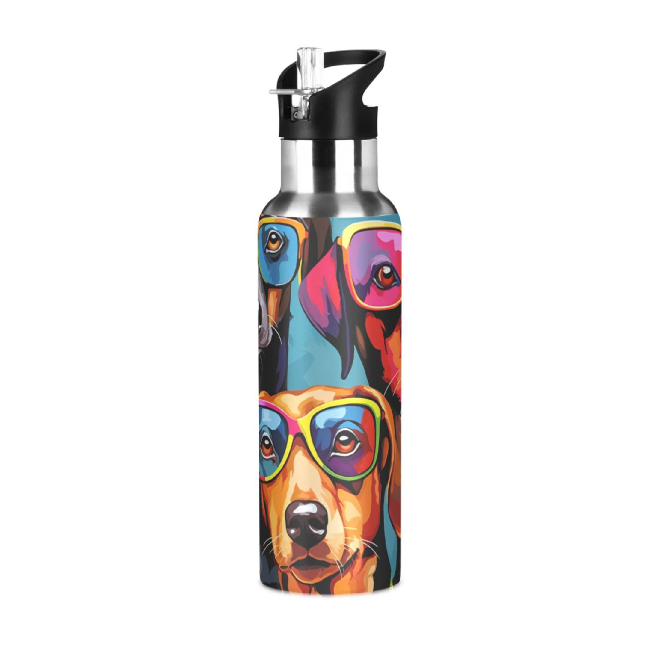 Dogs with Glasses Water Bottles Insulated Thermos Kids Stainless Steel Bottle with Straw Lid Flask Leakproof for Sports Gym 20 oz