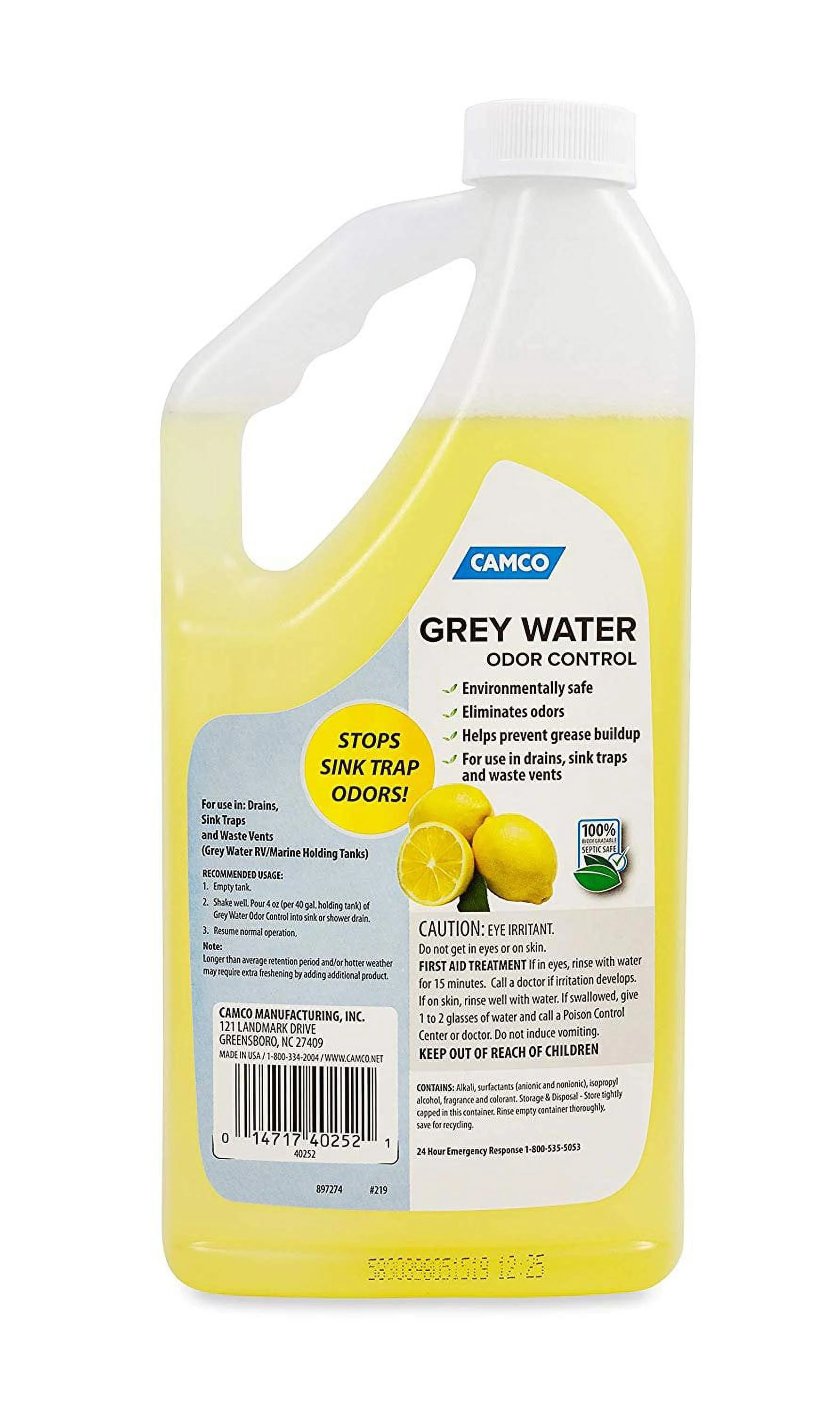 Dorman Camco TST Lemon Scent RV Grey Water Odor Control, Stops Sink Trap Odors, for Use In Drains, Sink Traps and Waste Vents, Treats up to 8 - 40 Gallon Holding Tanks (32 Ounce Bottle) - 40252
