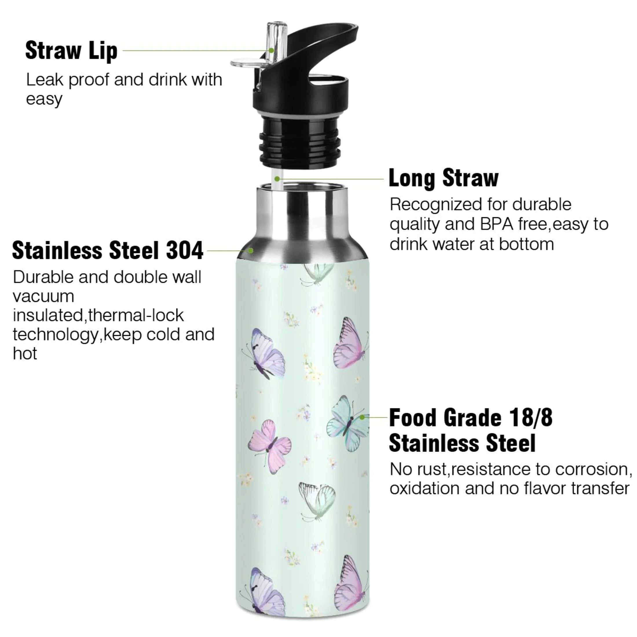 Stainless Steel Water Bottle Colorful Butterfly Green with Straw Lid Vacuum Insulated Leak Proof Flask Jug for Gym Travel Sports Cycling Outdoor 20 OZ