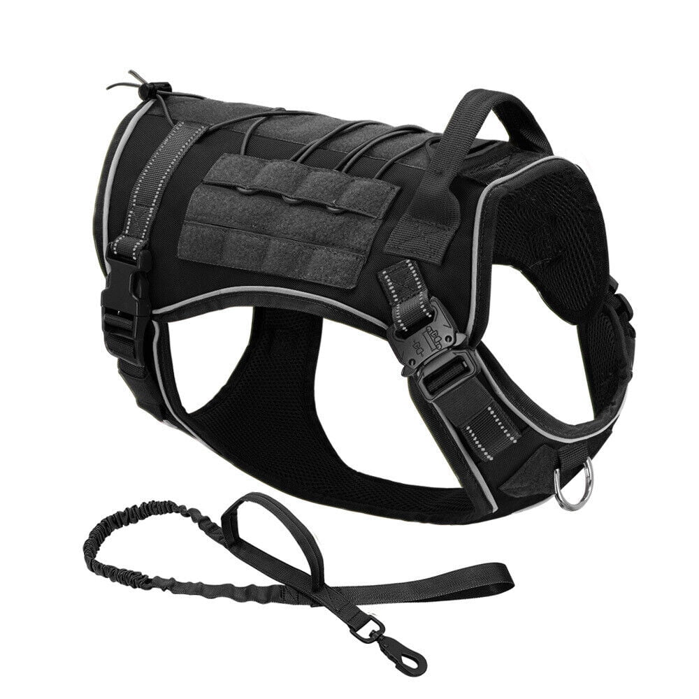 Military-Style Tactical Dog Harness Leash No-Pull Design Reflective Elements