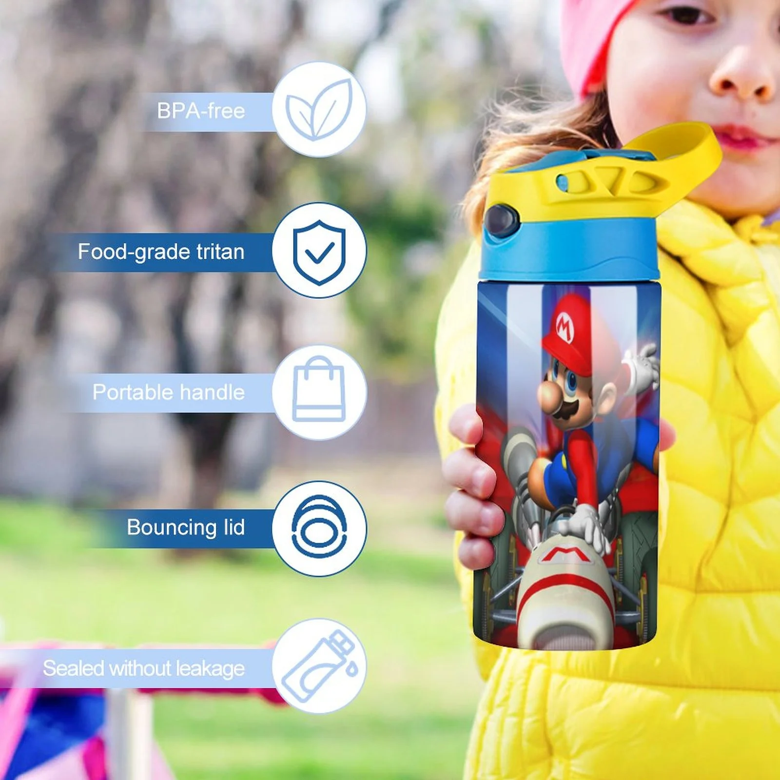 Game Mario Kid's Insulated Water Bottle With Straw Vacuum Stainless Steel Cup Leak-Proof Children Toddler Thermoses