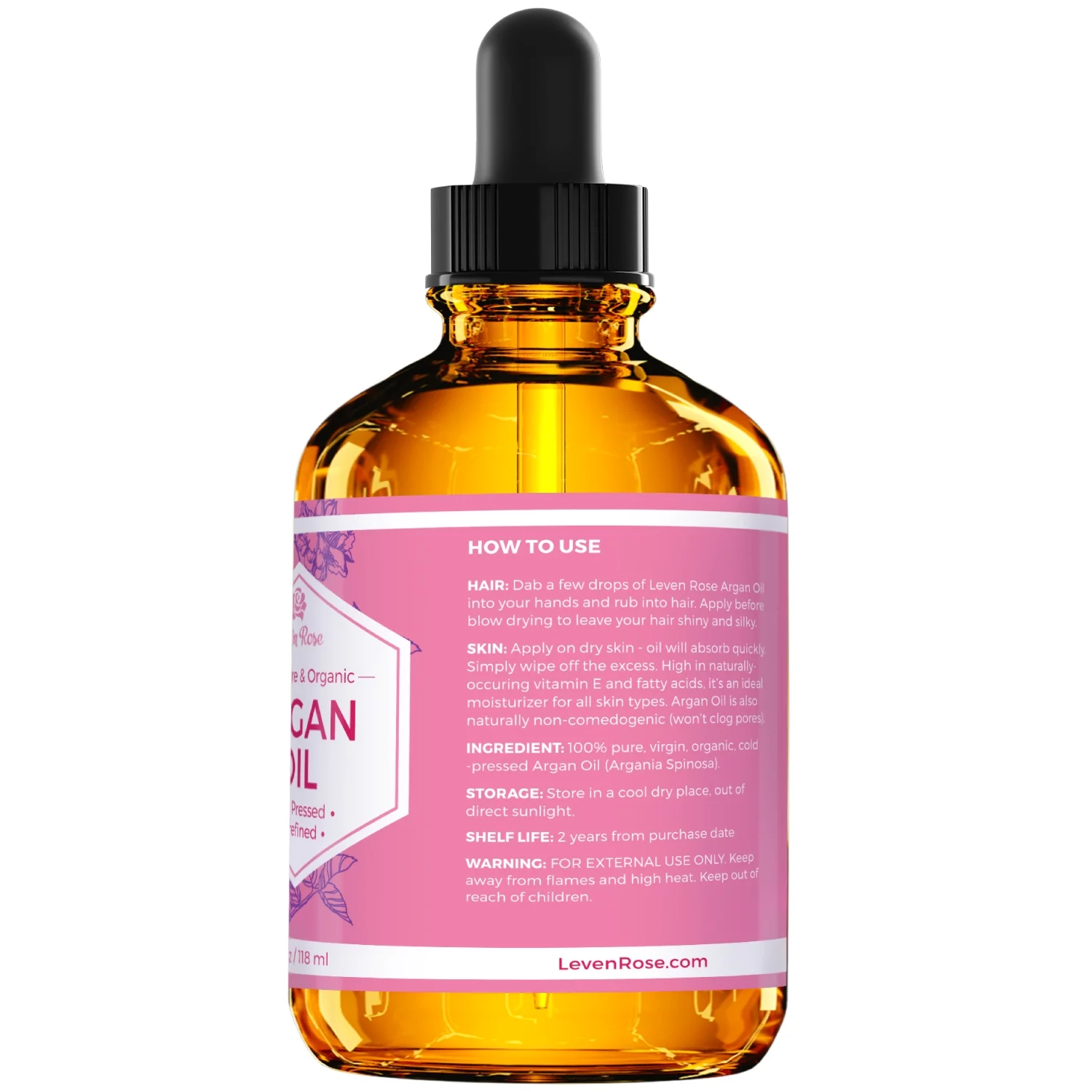 Leven Rose Argan Oil, 100% Pure Virgin Cold Pressed Moroccan Anti Aging Acne Treatment Moisturizer for Hair Skin & Nails 4 oz