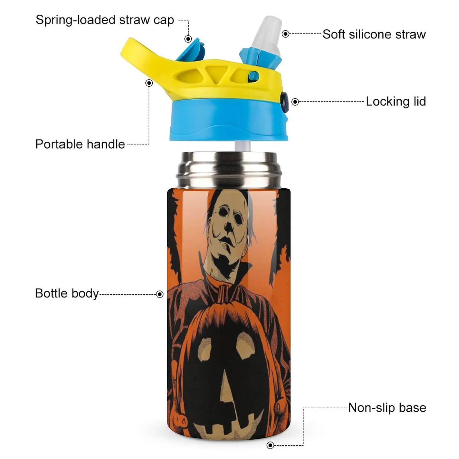 Michael Myers Pumpkin Kid's Insulated Water Bottle With Straw Vacuum Stainless Steel Cup Leak-Proof Children Toddler Thermoses